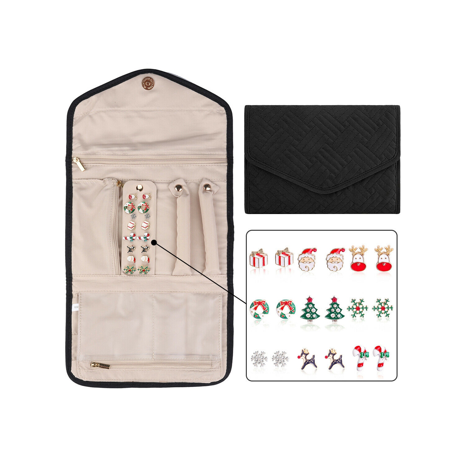 Coffret à bijoux de voyage classique noir pour femmes/filles avec clous de père Noël à la mode