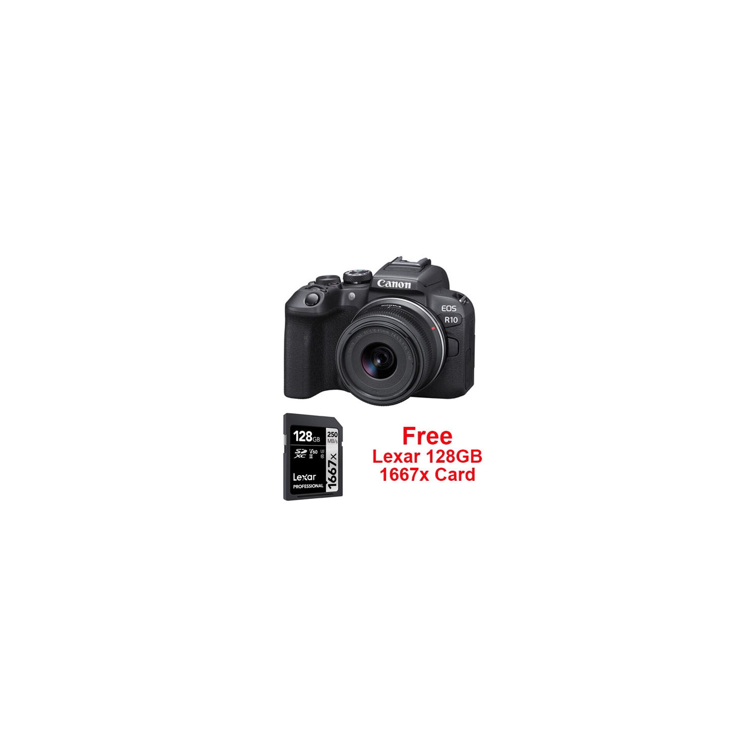 Canon EOS R10 Mirrorless Camera with RF-S 18-45mm STM + 128GB Lexar SD Card. Canon Canada Authorized