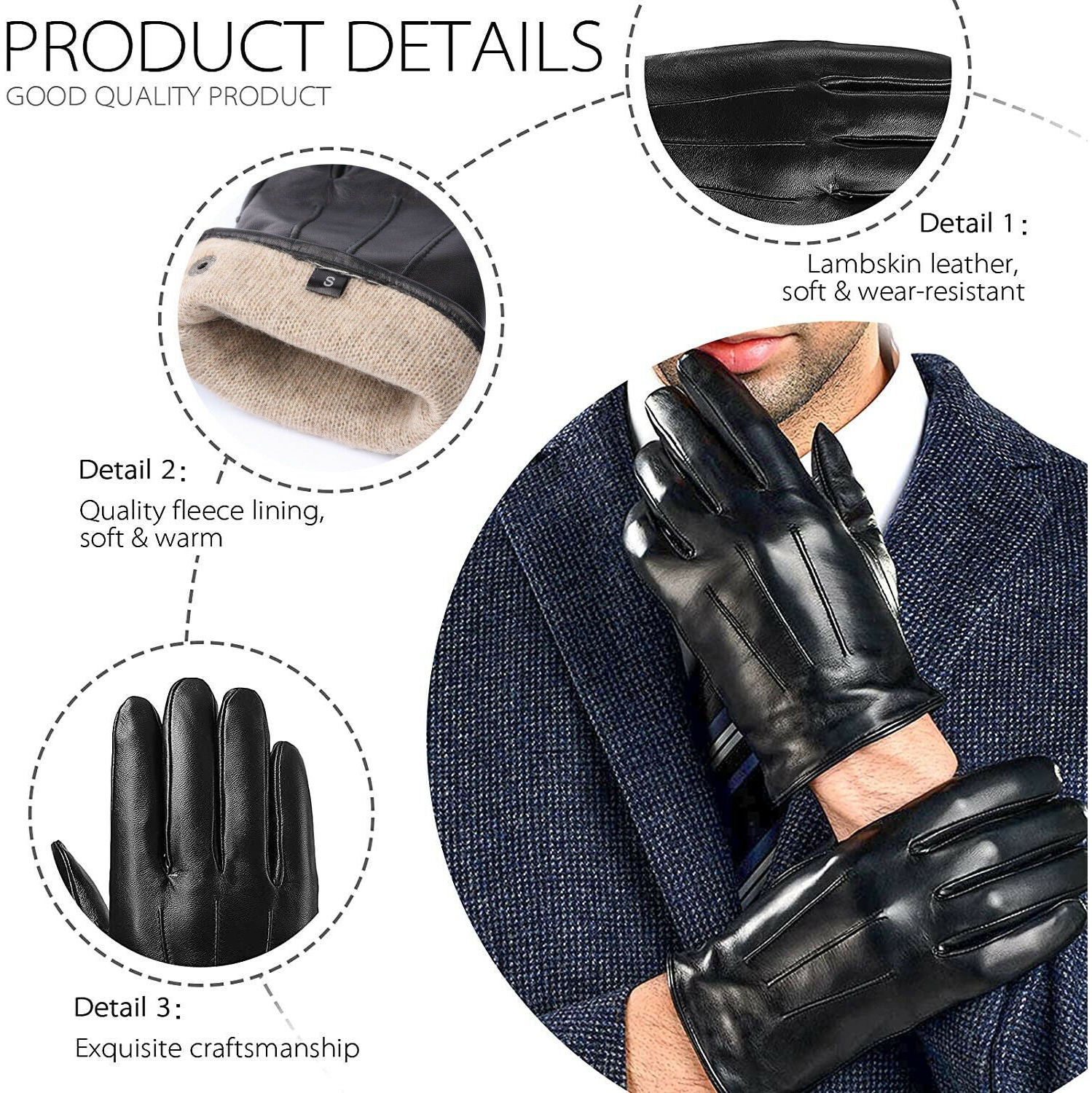 Gants de cuir de peau de mouton classiques doublés cachemire pour hommes, tons chauds