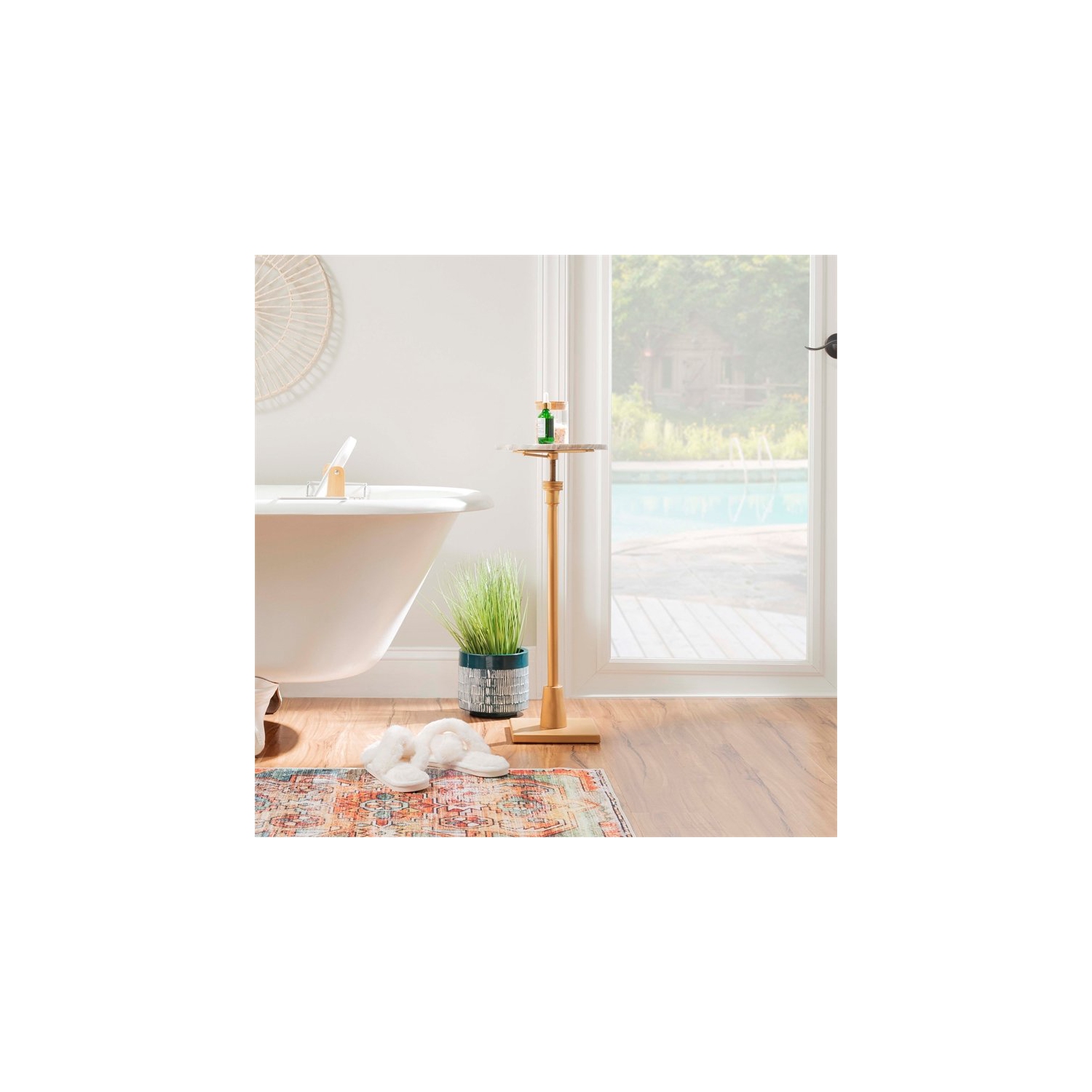 Linon Gavin Adjustable Metal and Sandy Marble Drink Table in Gold