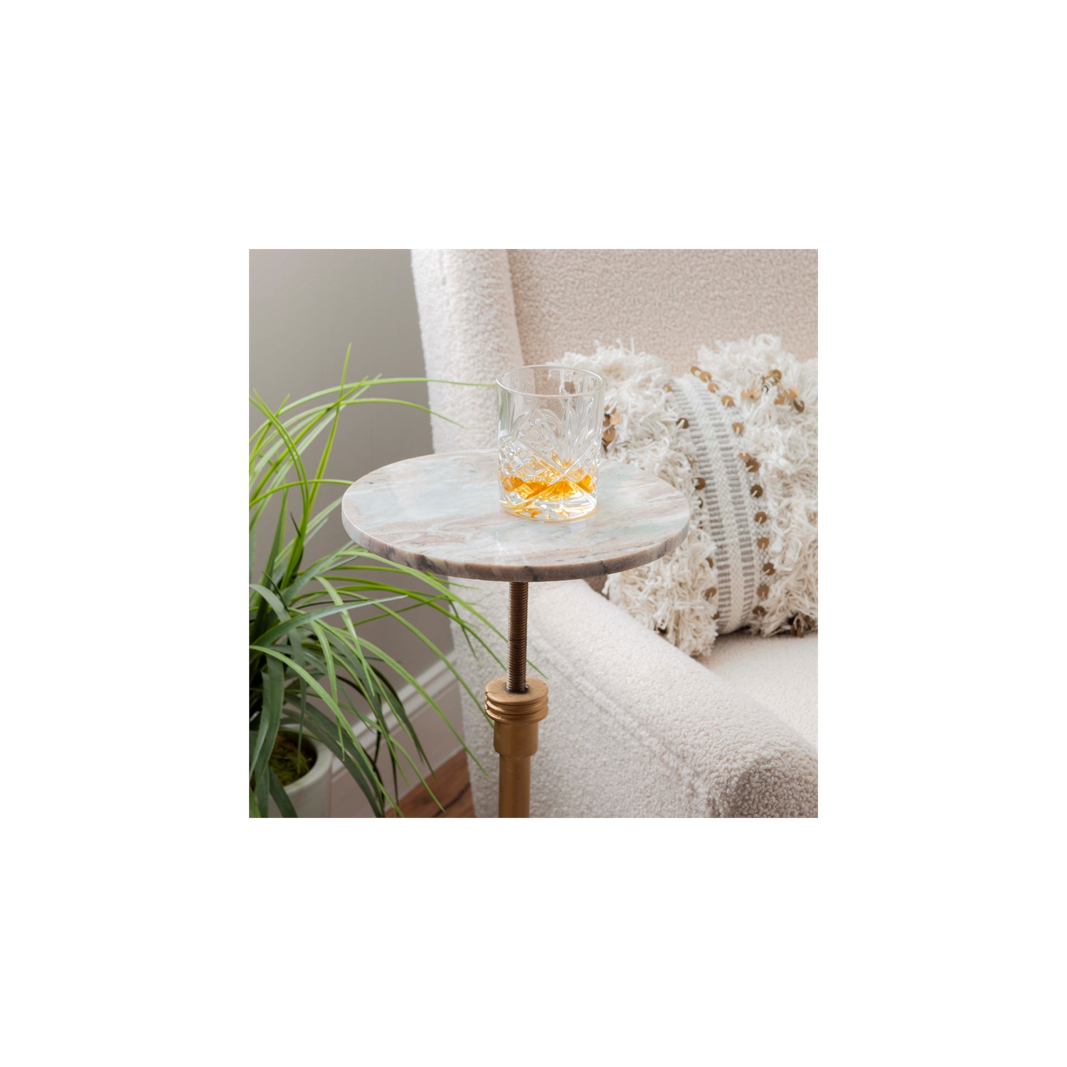 Linon Gavin Adjustable Metal and Sandy Marble Drink Table in Gold