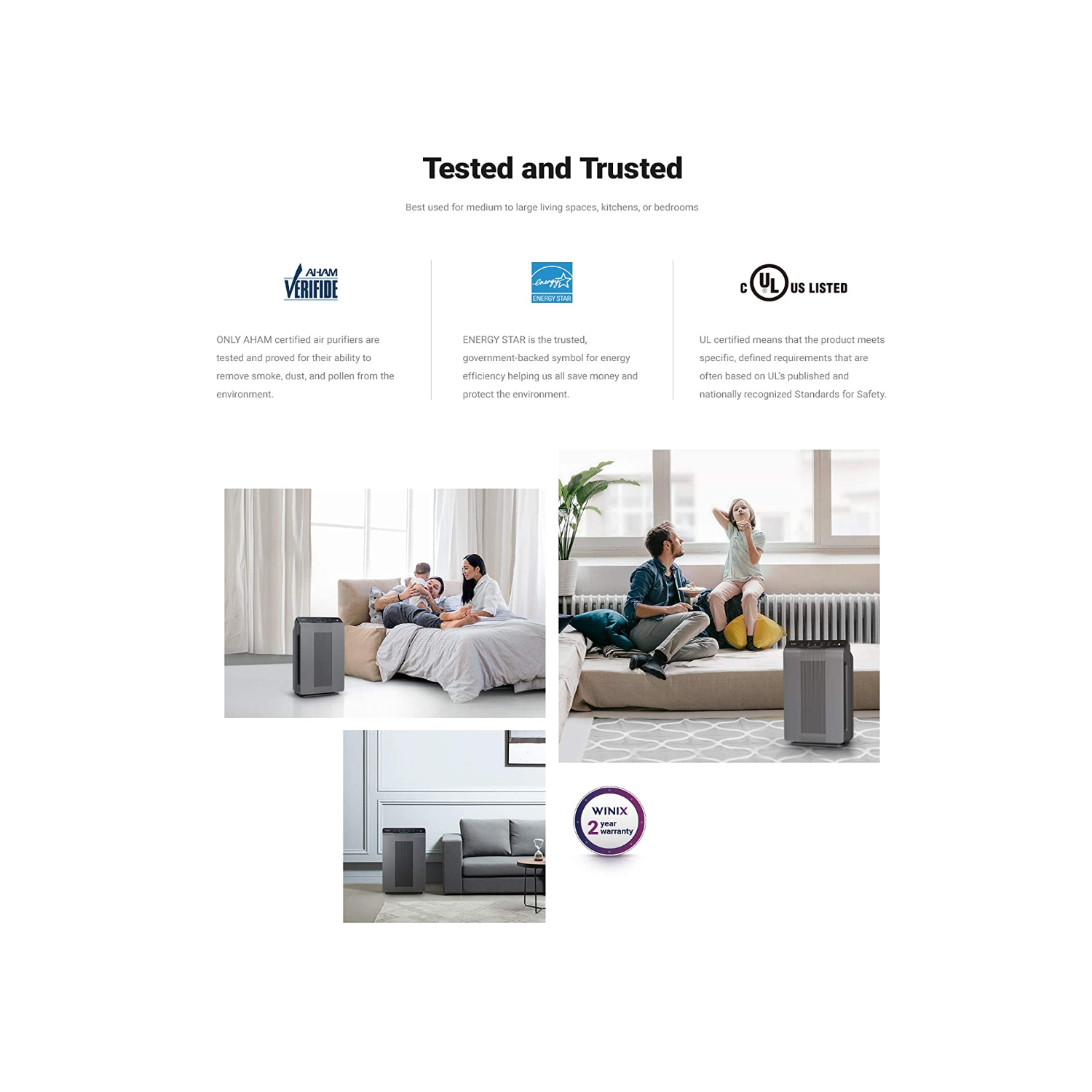 Purificateur d'air PlasmaWave de Winix avec filtre HEPA véritable, réduisant les odeurs, filtre au charbon en matériau solide, gris