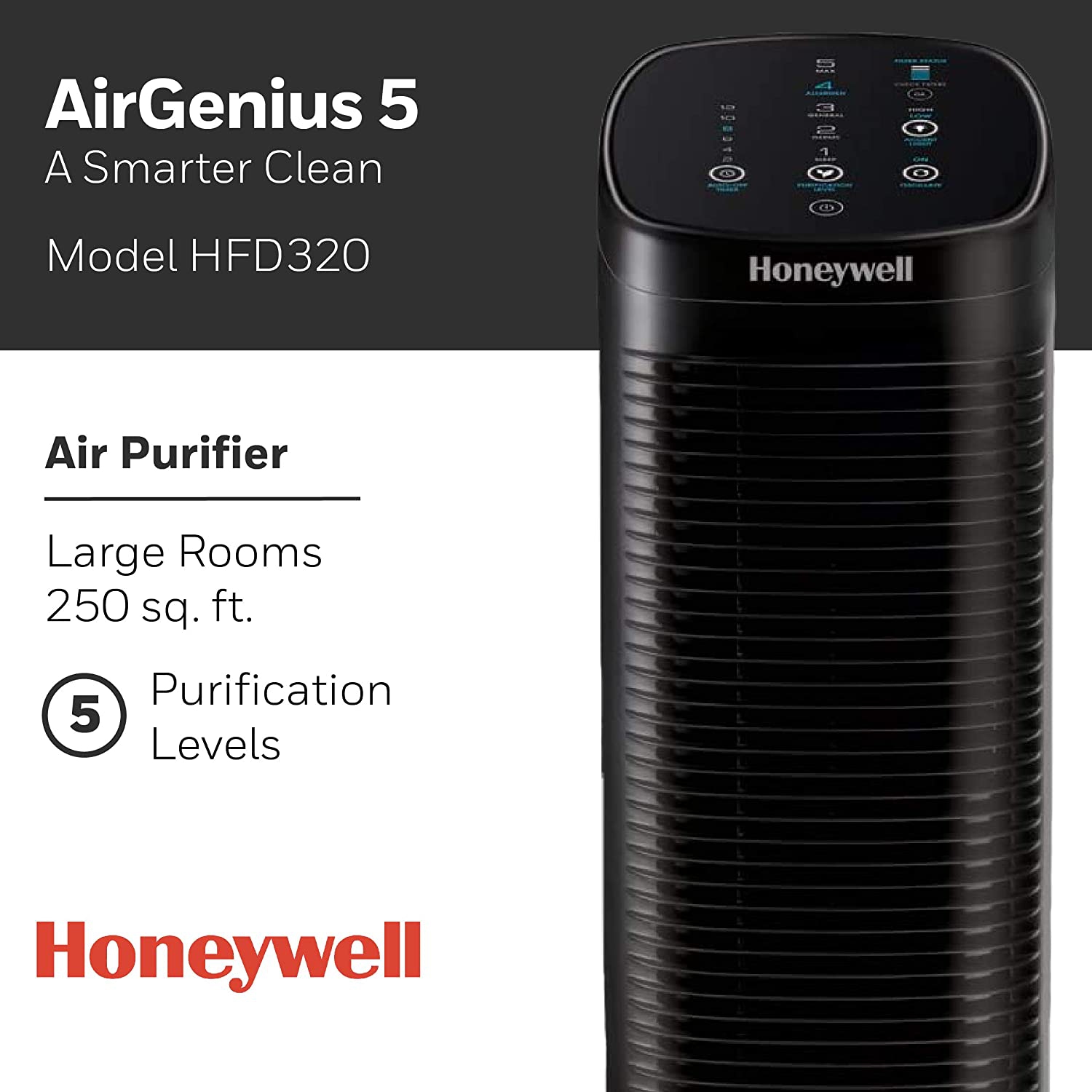 Honeywell Air Genius 5 Air Purifier for Large Rooms up to 250 sq.ft, Black