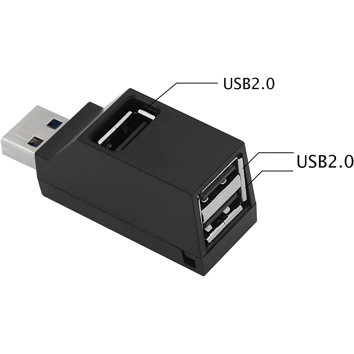 USB Hub 90 Degree Splitter 3 Port USB 2.0 Adapter Portable Powered Data USB Hub High Speed Transfer for PC Laptop USB Flash Drive Black