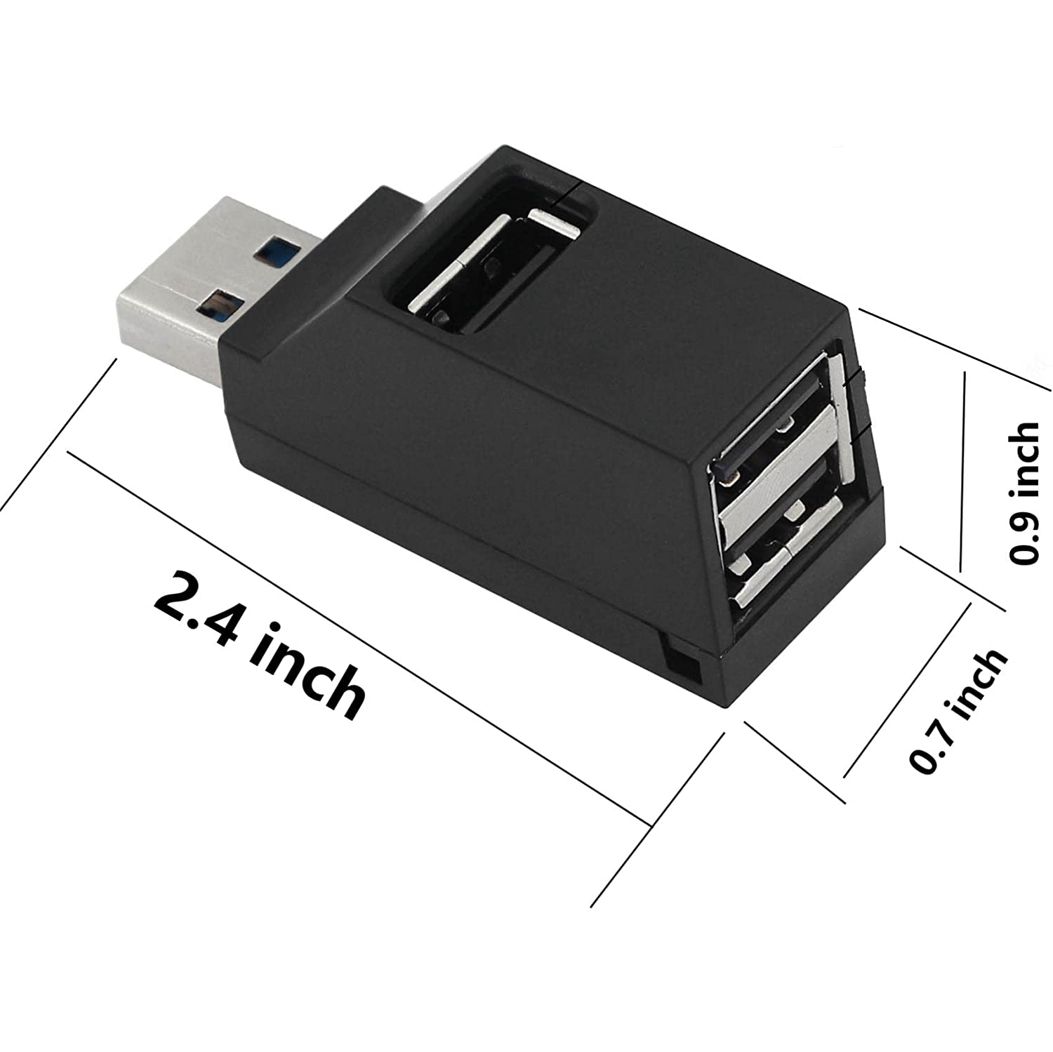 USB Hub 90 Degree Splitter 3 Port USB 2.0 Adapter Portable Powered Data USB Hub High Speed Transfer for PC Laptop USB Flash Drive Black