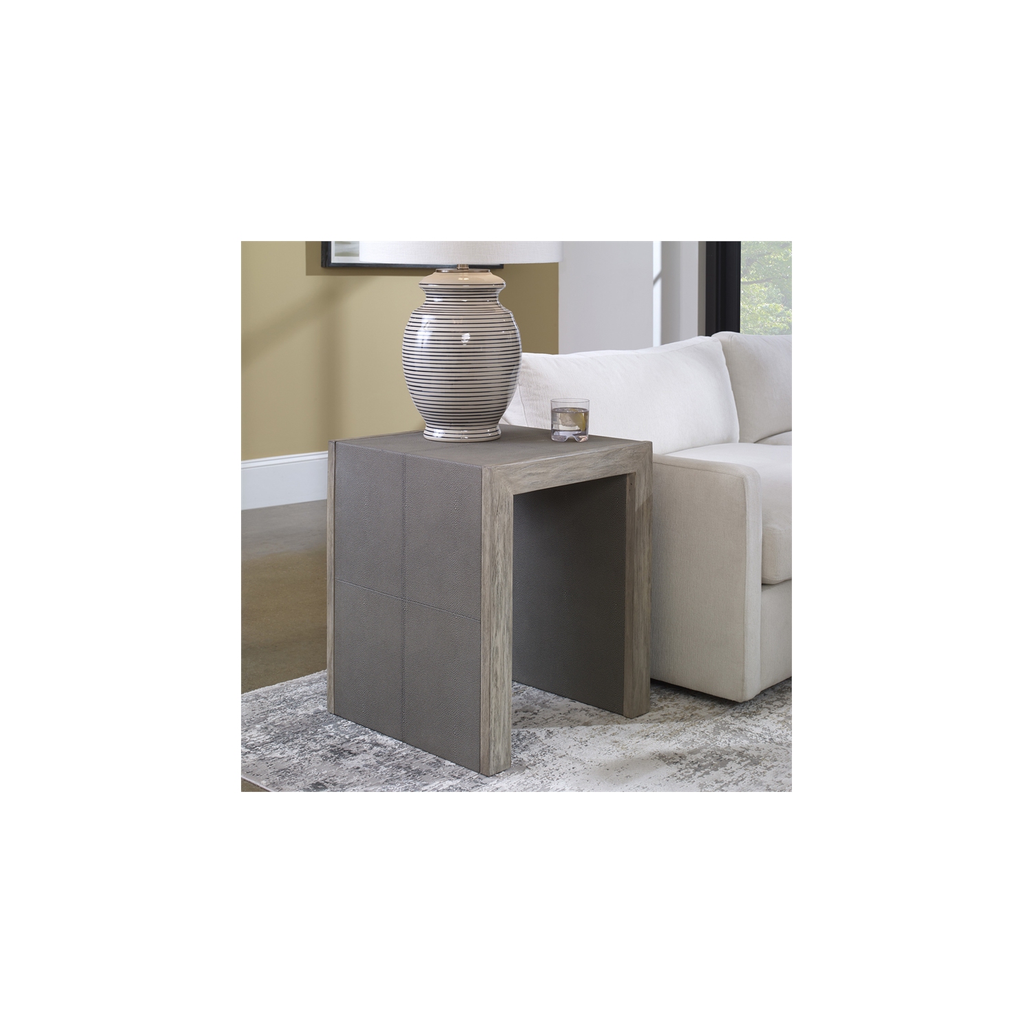 Uttermost Aerina Contemporary Wood & Faux Shagreen End Table in Light Gray