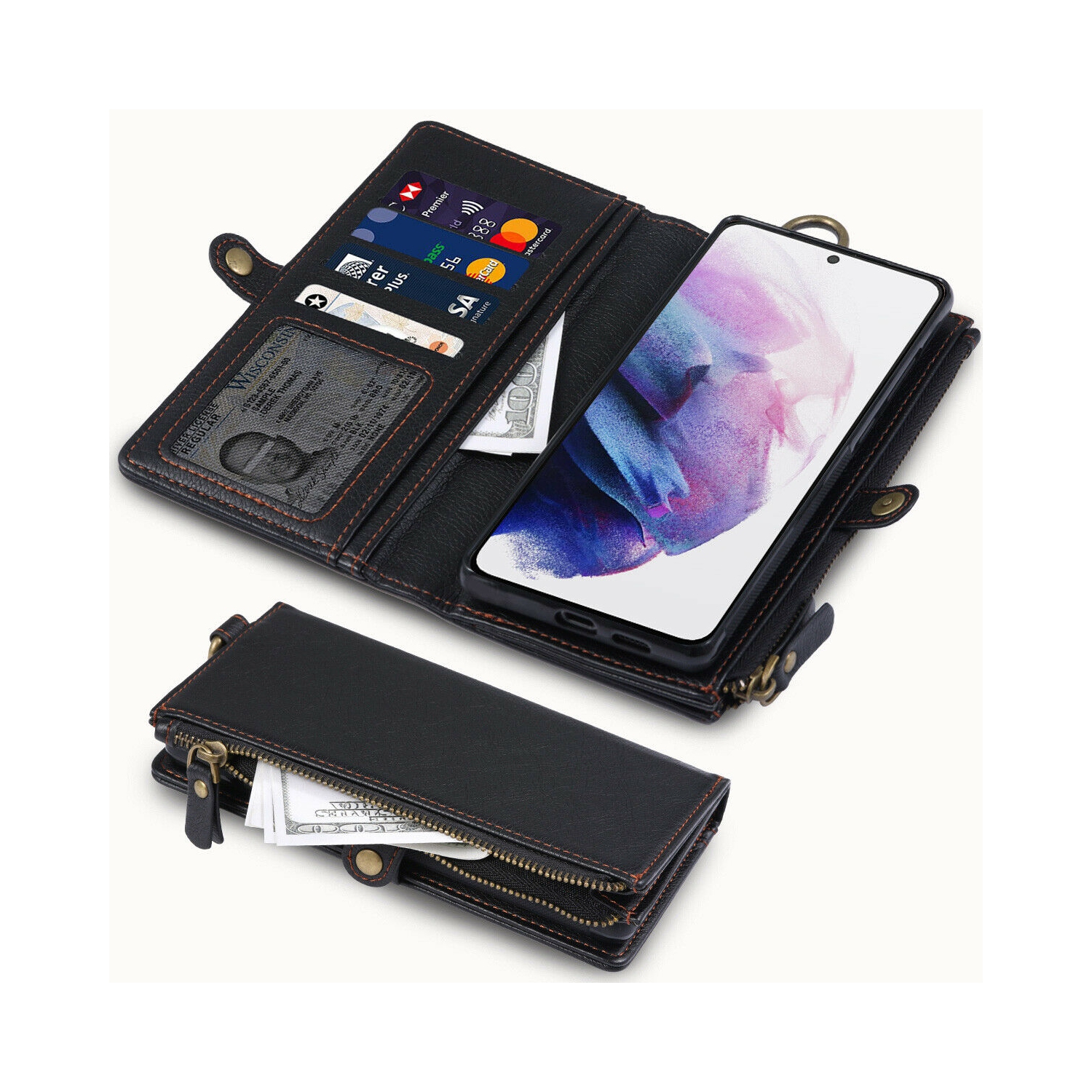 For Samsung Galaxy S21 Plus 6.7" Vintage PU Leather Wallet Case w/Zipper Pocket