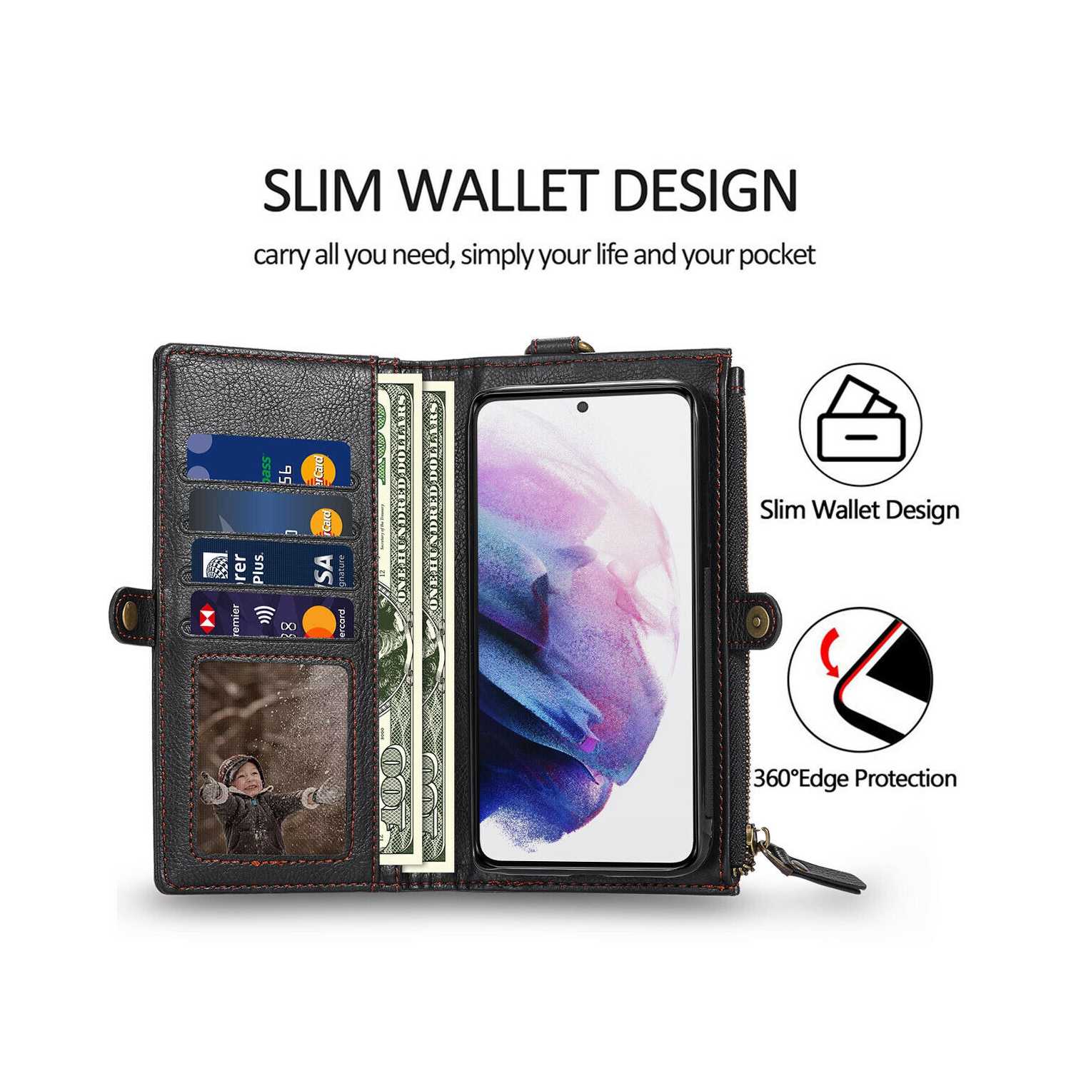 For Samsung Galaxy S21 Plus 6.7" Vintage PU Leather Wallet Case w/Zipper Pocket