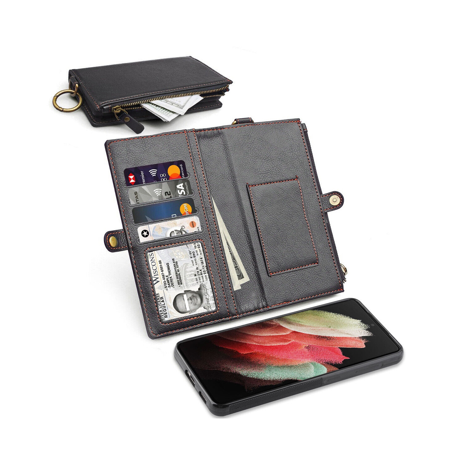 For Samsung Galaxy S21 Plus 6.7" Vintage PU Leather Wallet Case w/Zipper Pocket