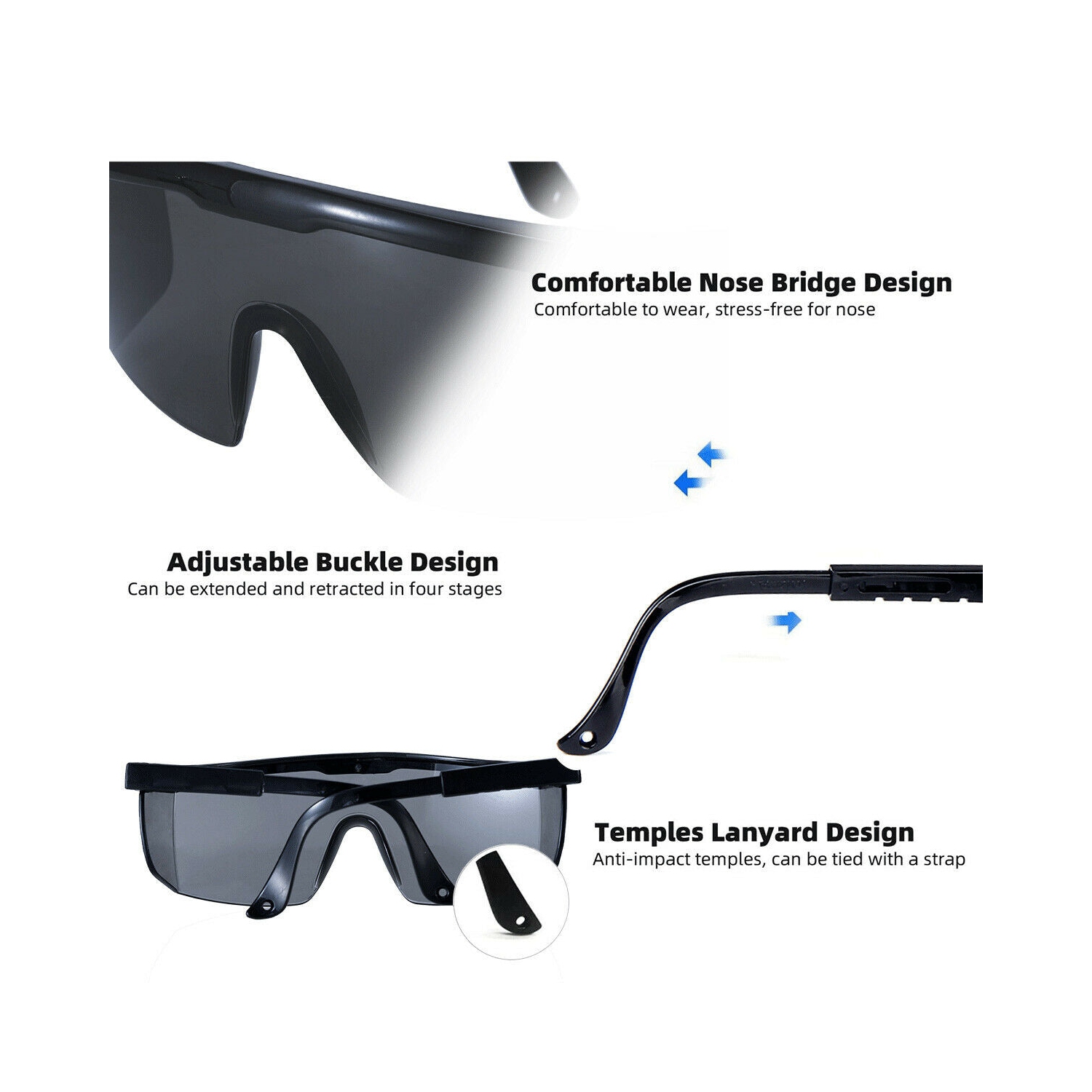 Safety Glasses Adjustable Protective Goggles for Eye Protection, Black Frame