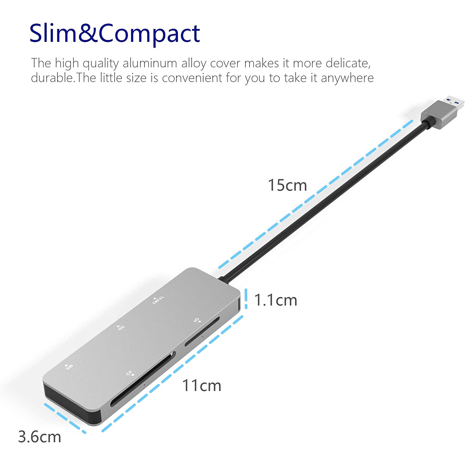 USB3.0 XD Card Reader, USB 3.0 High Speed TF/SD/MS/M2/XD/CF Memory Card Solt Combo Adapter, 6 in 1 Aluminum Card Reader,Compatible with Windows