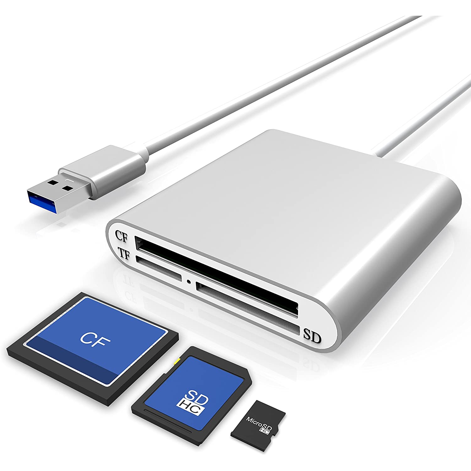 Aluminum Superspeed USB 3.0 Multi-in-1 3-Slot Card Reader for CF/SD/TF/Micro SD for iMac, MacBook Air, MacBook Pro, MacBook, Mac Mini, PCs and Laptops