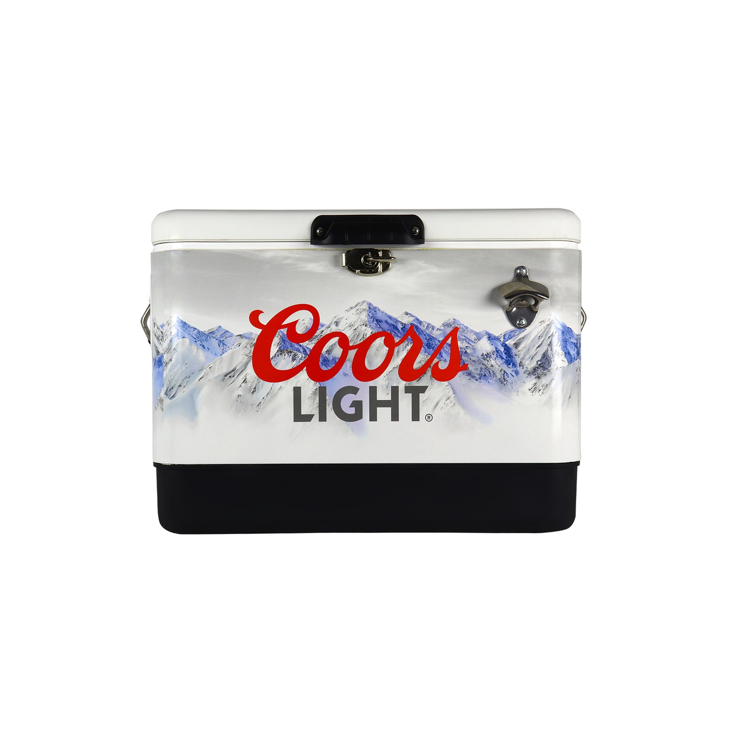 Coors Light Ice Chest Beverage Cooler with Bottle Opener, 51L, 85 Can steel-belted Portable Cooler, White and Black, for Camping, Beach, RV, BBQs,