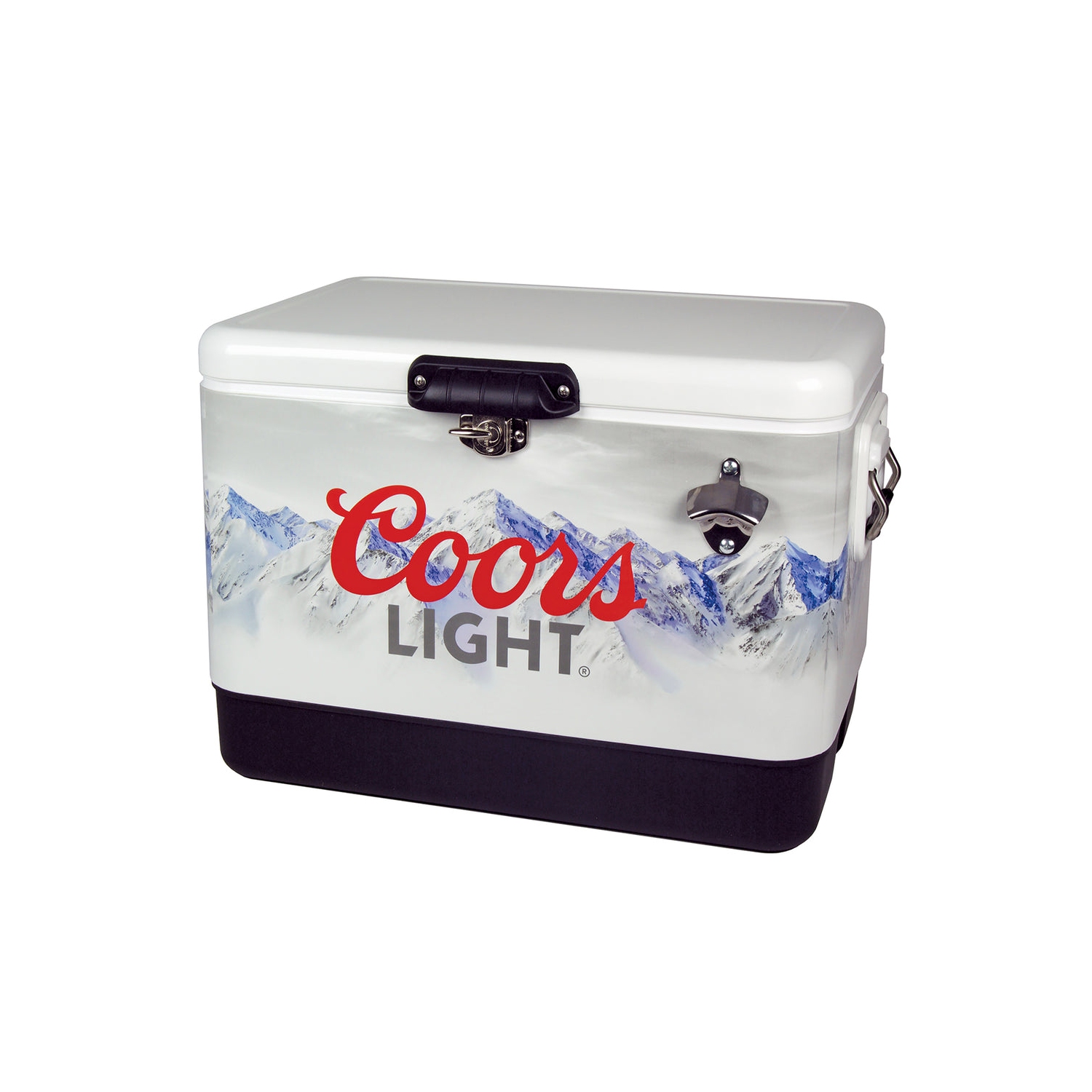 Coors Light Ice Chest Beverage Cooler with Bottle Opener, 51L, 85 Can steel-belted Portable Cooler, White and Black, for Camping, Beach, RV, BBQs,