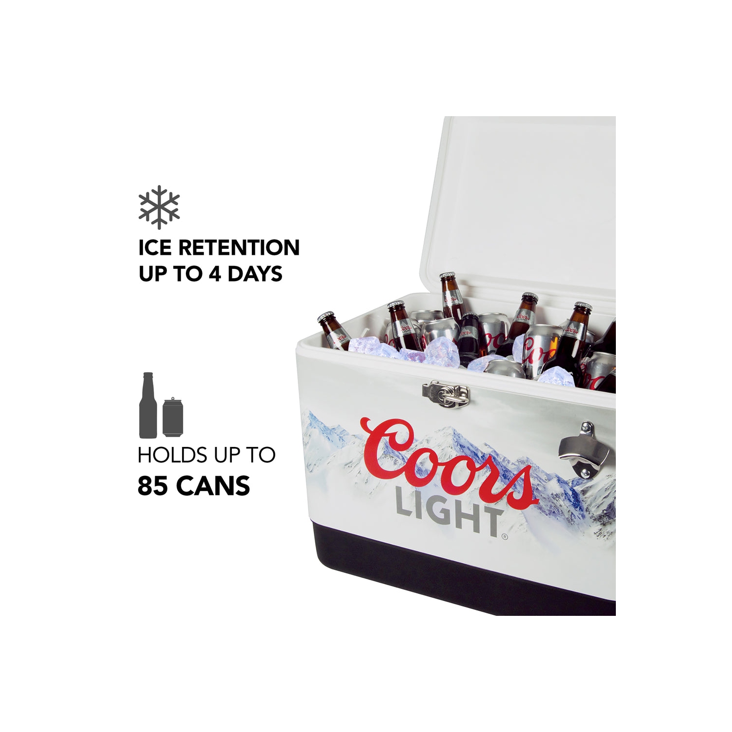 Coors Light Ice Chest Beverage Cooler with Bottle Opener, 51L, 85 Can steel-belted Portable Cooler, White and Black, for Camping, Beach, RV, BBQs,