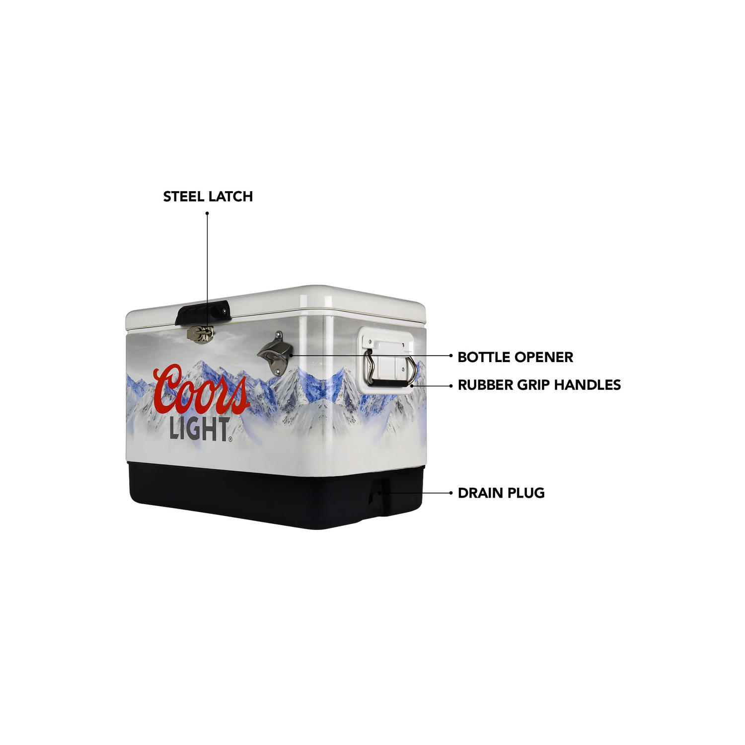 Coors Light Ice Chest Beverage Cooler with Bottle Opener, 51L, 85 Can steel-belted Portable Cooler, White and Black, for Camping, Beach, RV, BBQs,