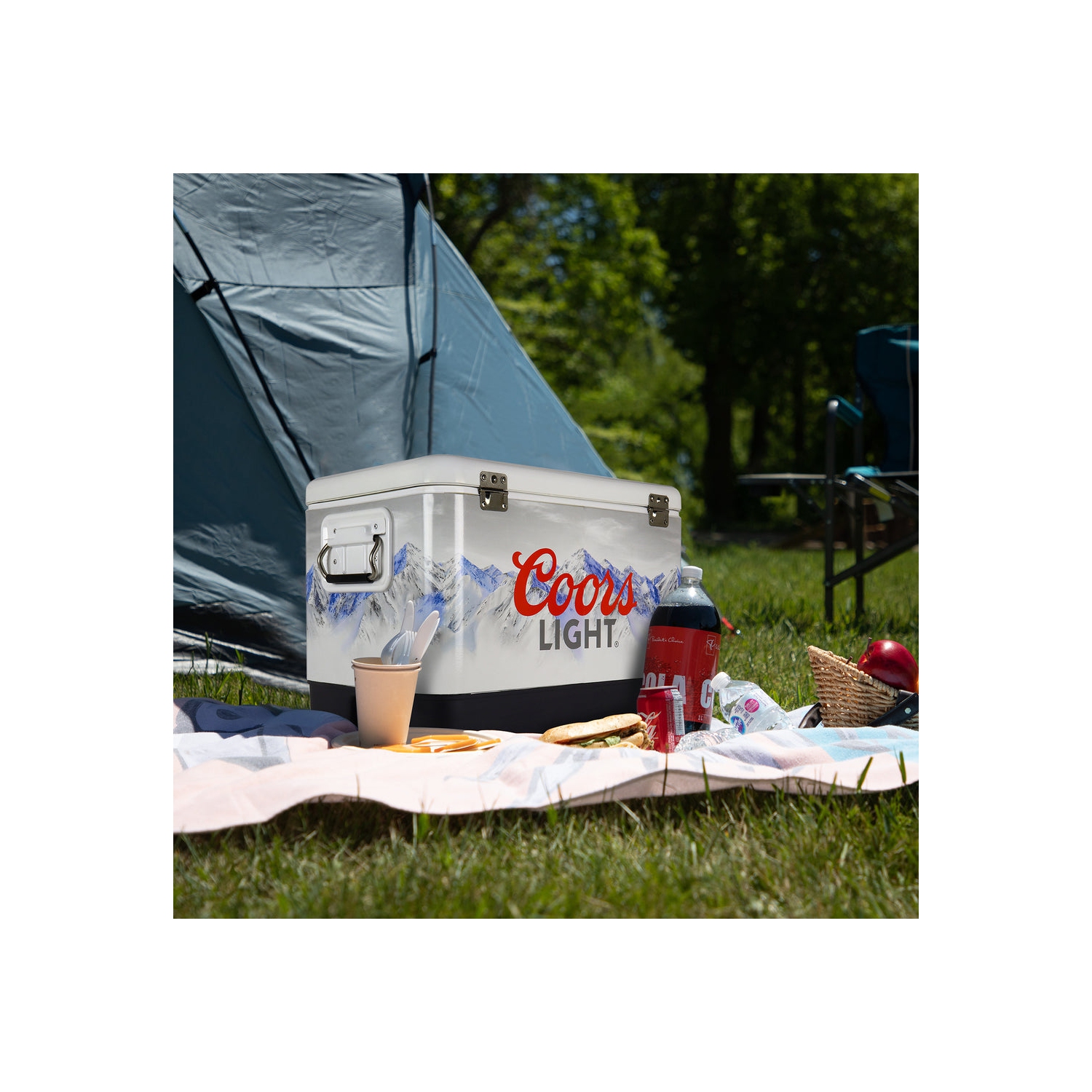 Coors Light Ice Chest Beverage Cooler with Bottle Opener, 51L, 85 Can steel-belted Portable Cooler, White and Black, for Camping, Beach, RV, BBQs,