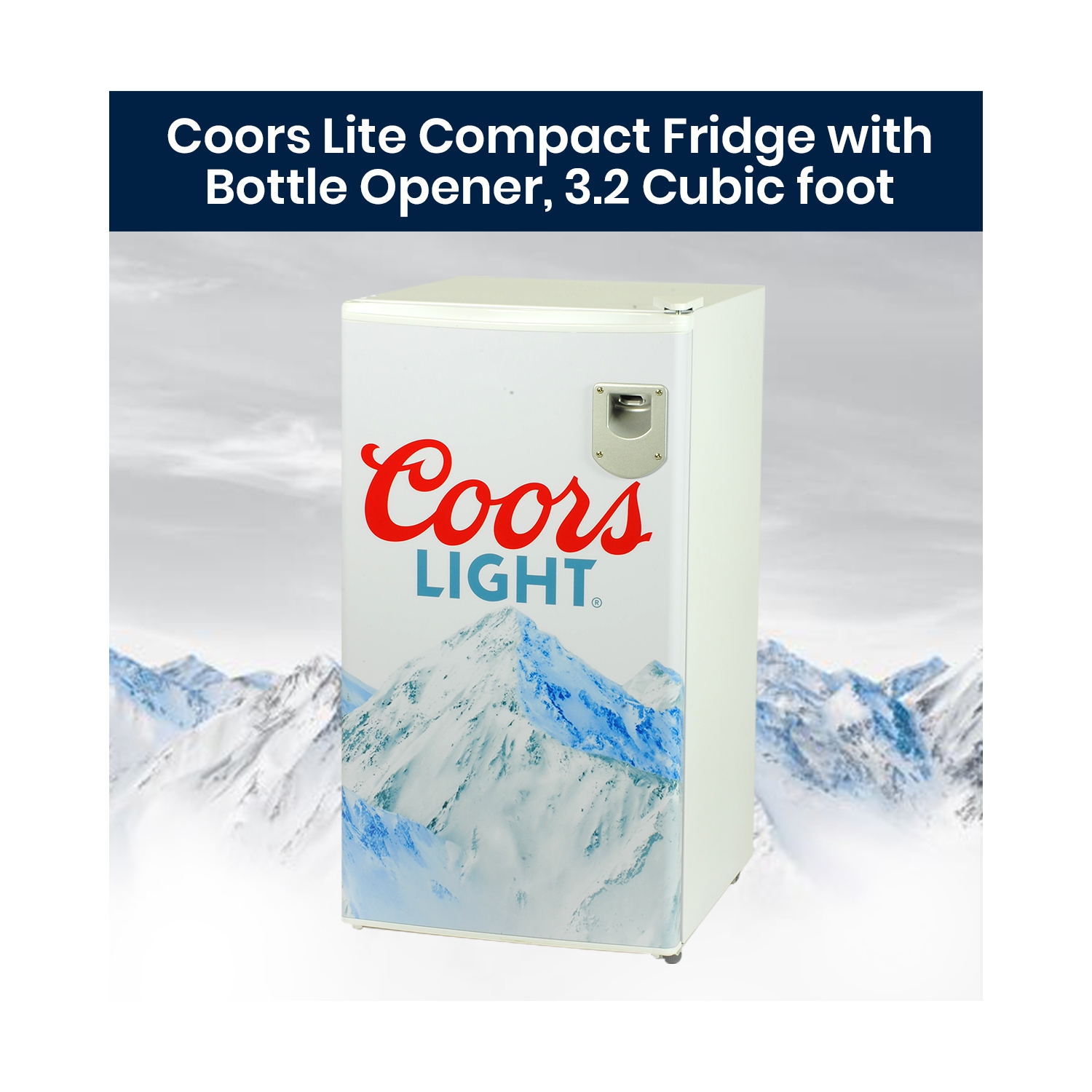 Coors Light Rocky Mountain Compact Fridge with Bottle Opener, 90 L/ 95 Quart 3.2 Cubic Foot for Snacks, Beverages, Juice, Beer, Den, Dorm, Office,