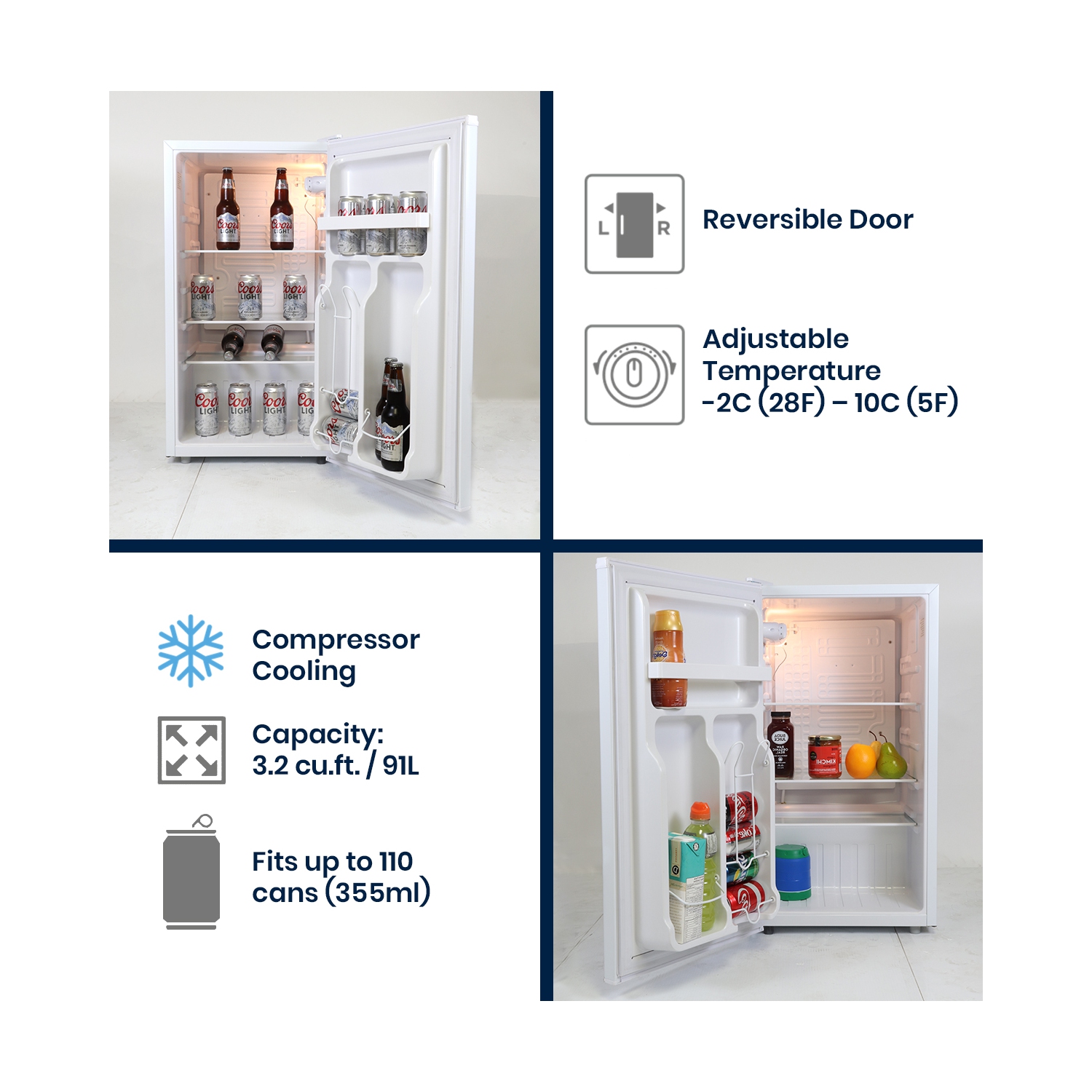 Coors Light Rocky Mountain Compact Fridge with Bottle Opener, 90 L/ 95 Quart 3.2 Cubic Foot for Snacks, Beverages, Juice, Beer, Den, Dorm, Office,