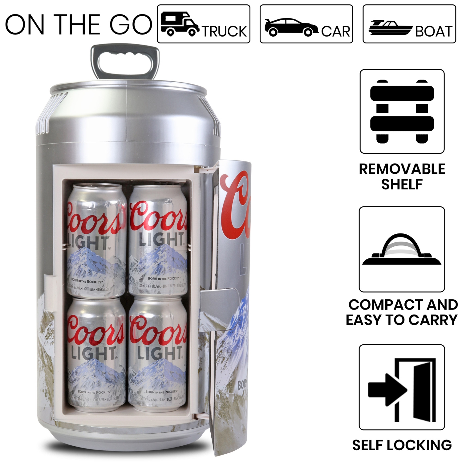 Coors Light 8 Can Portable Mini Fridge w/ 12V DC and 110V AC Cords, 5.4L Beer Can Shaped Personal Cooler, Silver, Travel Fridge for Beer, Snacks,