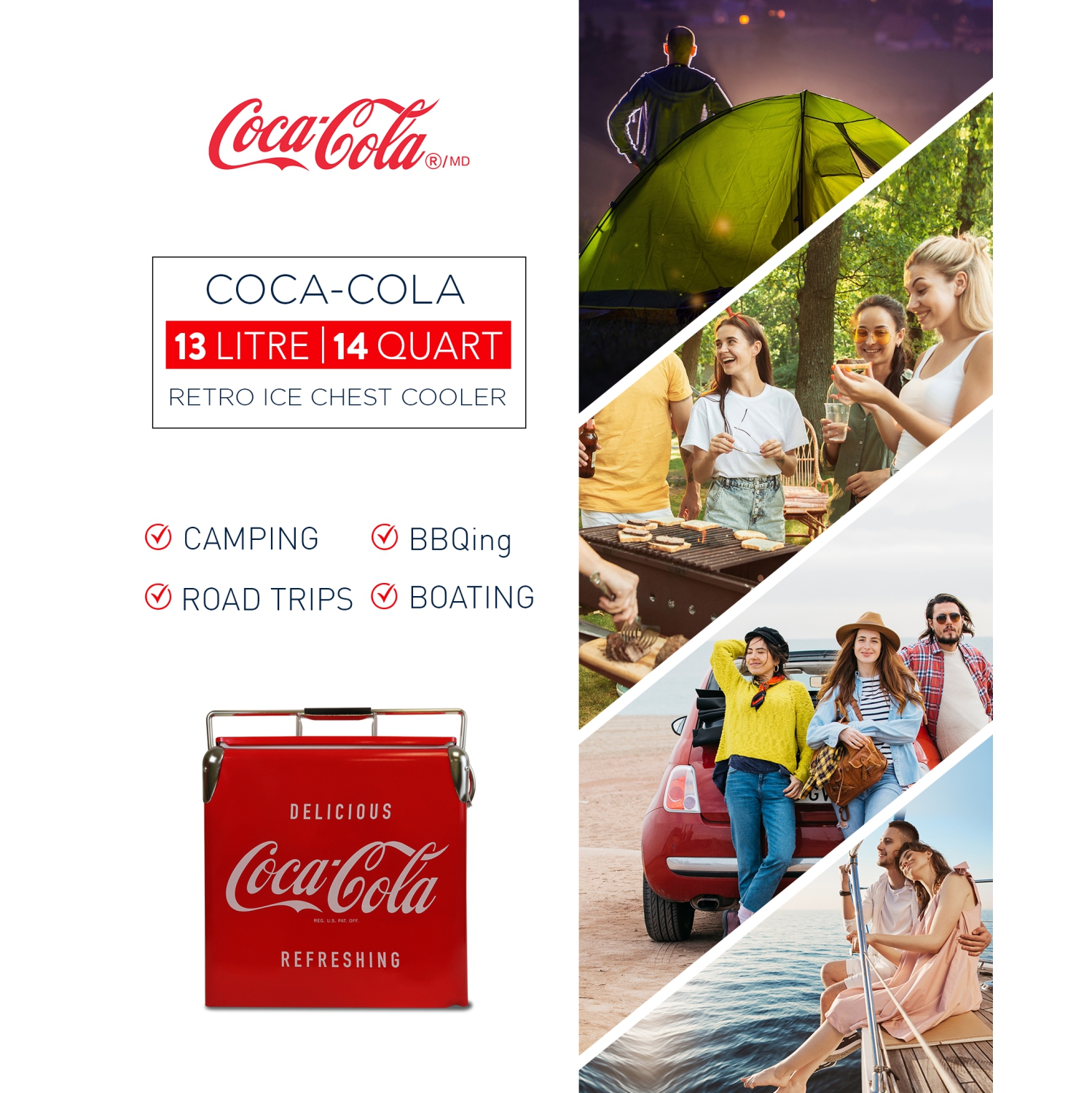 Coca-Cola Retro Ice Chest Beverage Cooler with Bottle Opener 13L, 18 Can Vintage Style Ice Bucket for Camping, Beach, Picnic