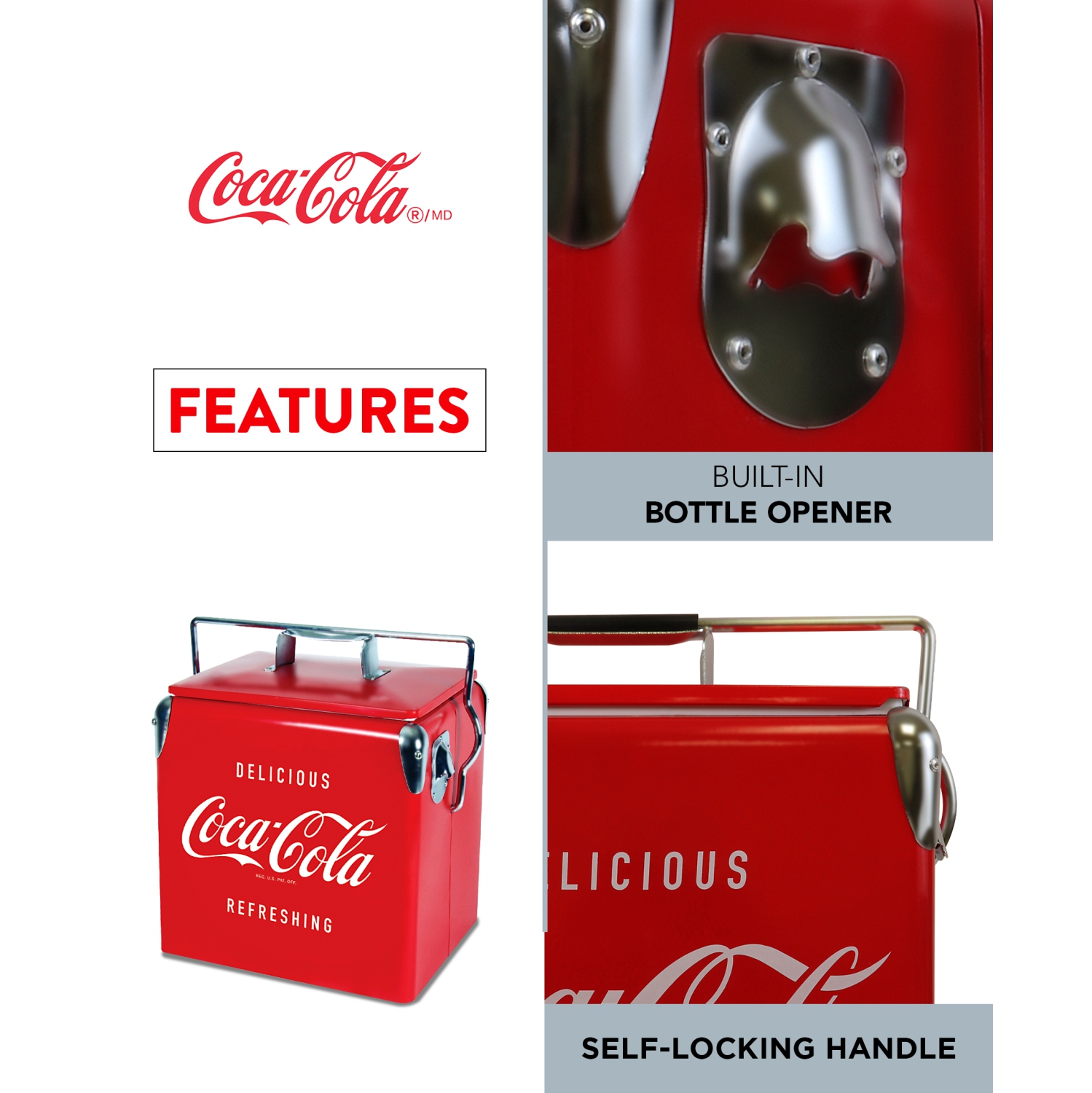 Coca-Cola Retro Ice Chest Beverage Cooler with Bottle Opener 13L, 18 Can Vintage Style Ice Bucket for Camping, Beach, Picnic
