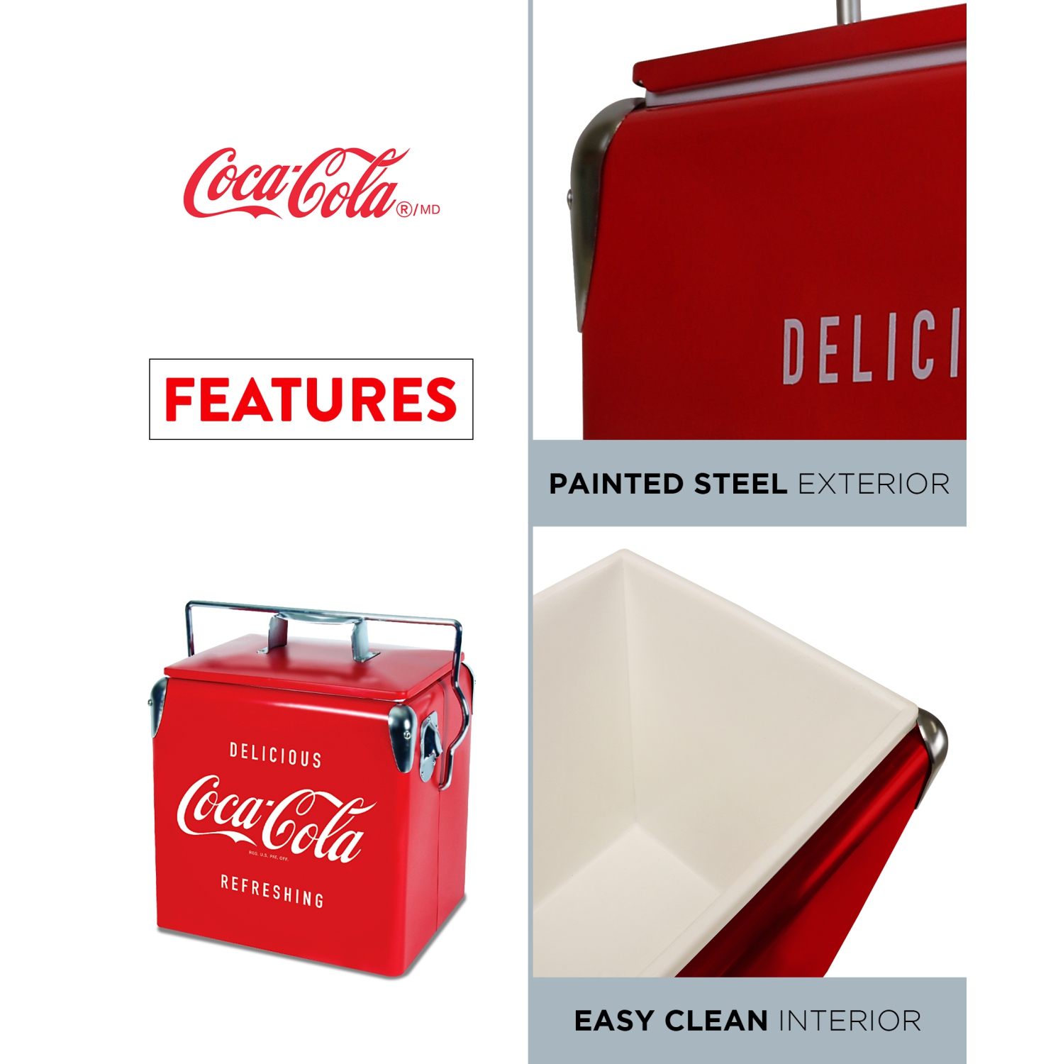 Coca-Cola Retro Ice Chest Beverage Cooler with Bottle Opener 13L, 18 Can Vintage Style Ice Bucket for Camping, Beach, Picnic