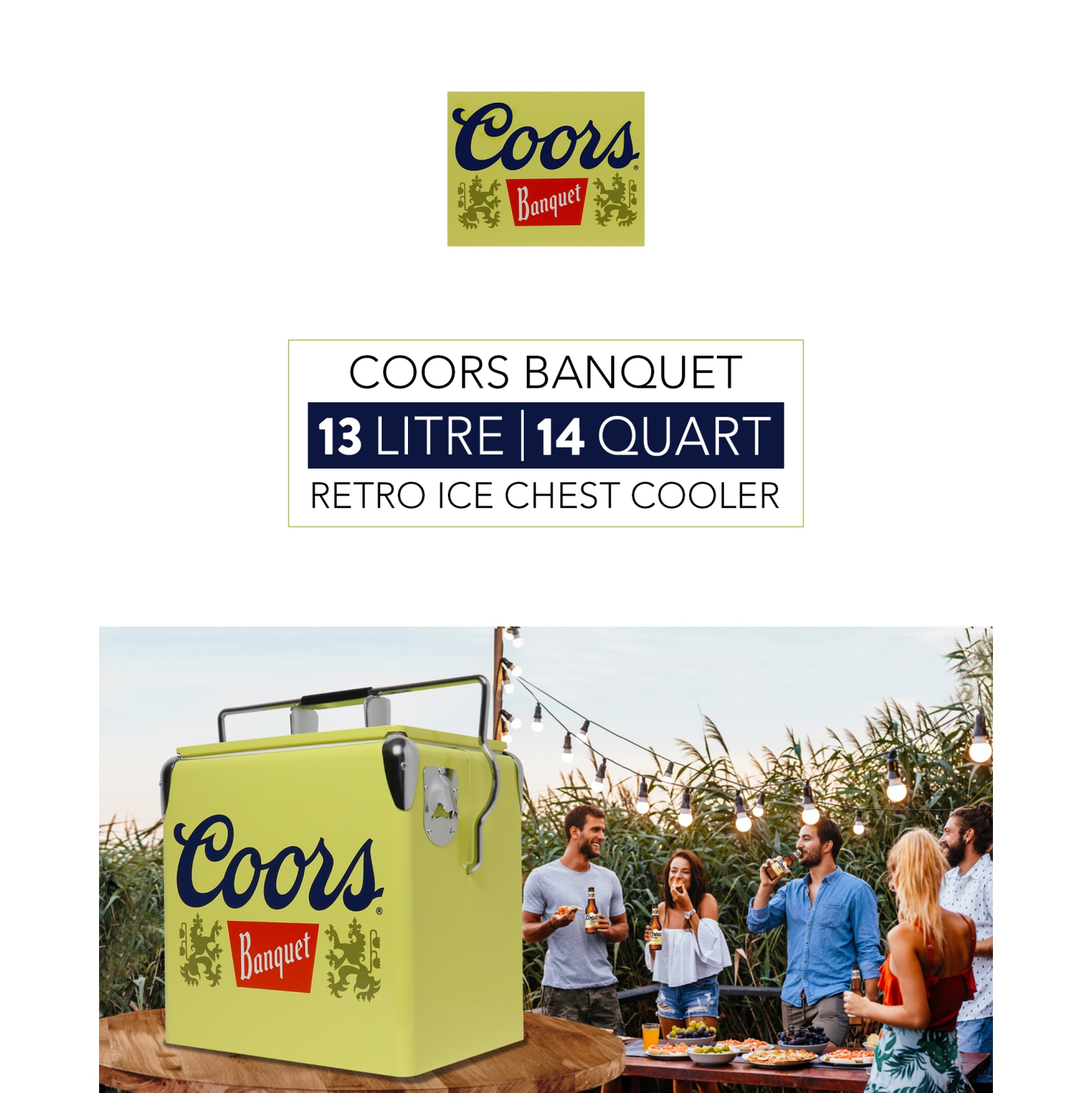 Coors Banquet Retro Ice Chest Cooler with Bottle Opener 13L, 18 Can Capacity, Yellow and Silver, Vintage Style Ice Bucket for Camping, Beach, Picnic,