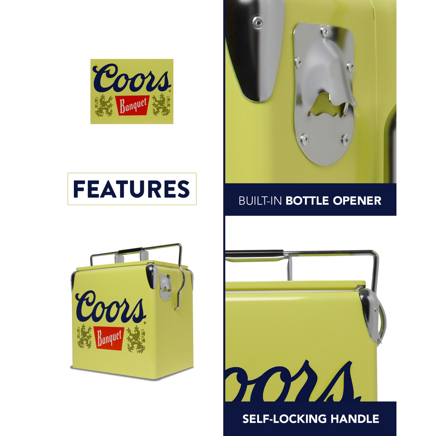 Coors Banquet Retro Ice Chest Cooler with Bottle Opener 13L, 18 Can Capacity, Yellow and Silver, Vintage Style Ice Bucket for Camping, Beach, Picnic,