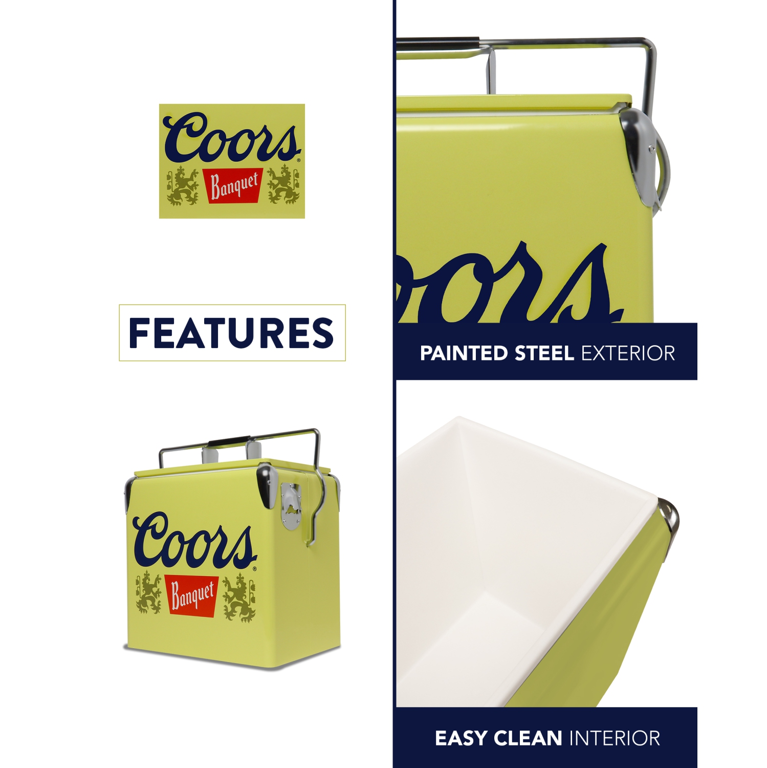 Coors Banquet Retro Ice Chest Cooler with Bottle Opener 13L, 18 Can Capacity, Yellow and Silver, Vintage Style Ice Bucket for Camping, Beach, Picnic,