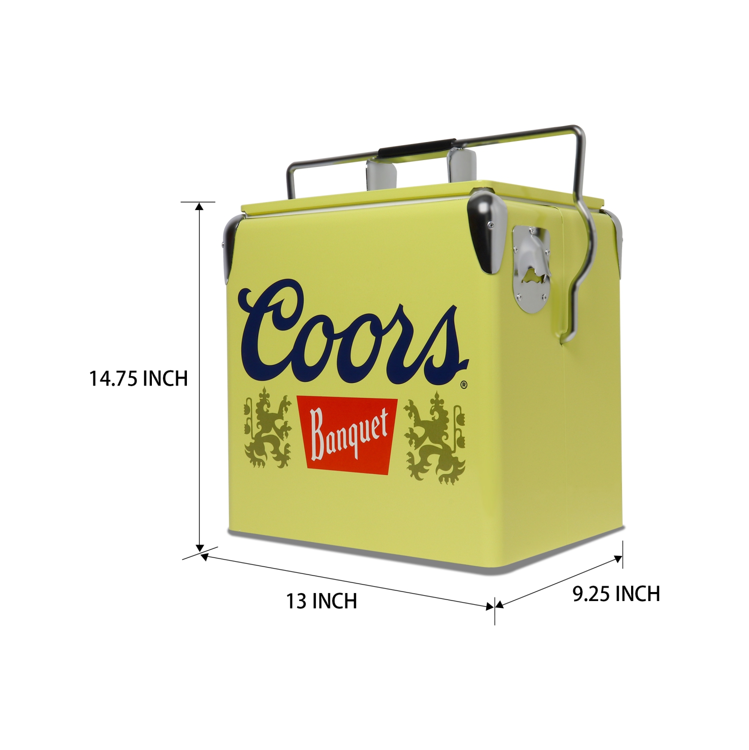 Coors Banquet Retro Ice Chest Cooler with Bottle Opener 13L, 18 Can Capacity, Yellow and Silver, Vintage Style Ice Bucket for Camping, Beach, Picnic,