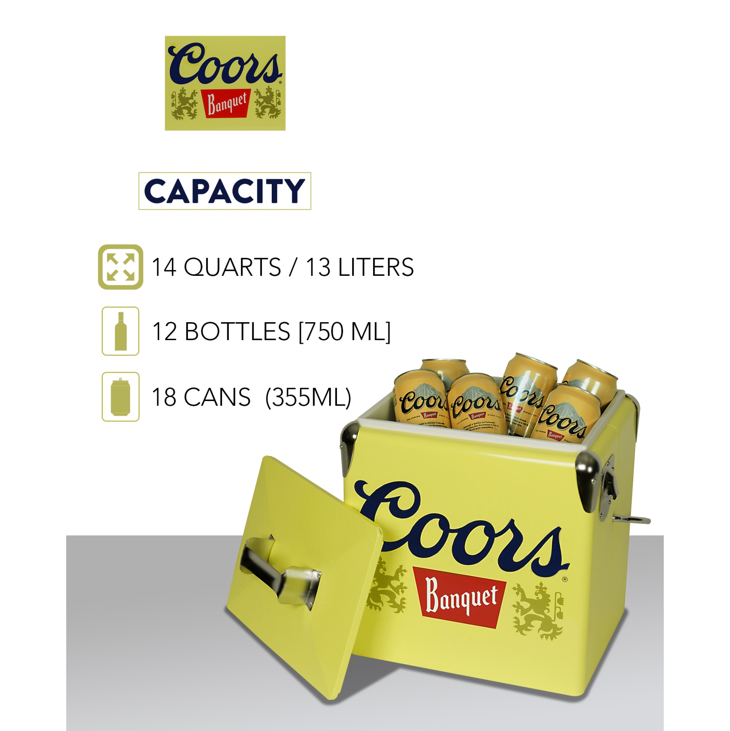 Coors Banquet Retro Ice Chest Cooler with Bottle Opener 13L, 18 Can Capacity, Yellow and Silver, Vintage Style Ice Bucket for Camping, Beach, Picnic,