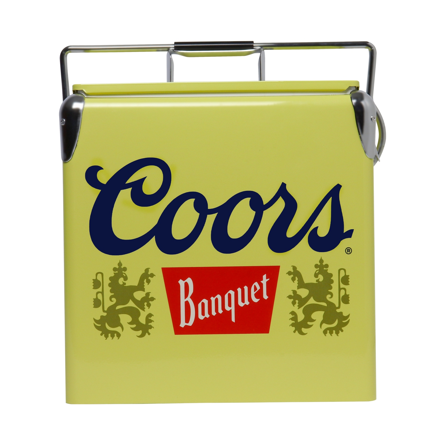 Coors Banquet Retro Ice Chest Cooler with Bottle Opener 13L, 18 Can Capacity, Yellow and Silver, Vintage Style Ice Bucket for Camping, Beach, Picnic,