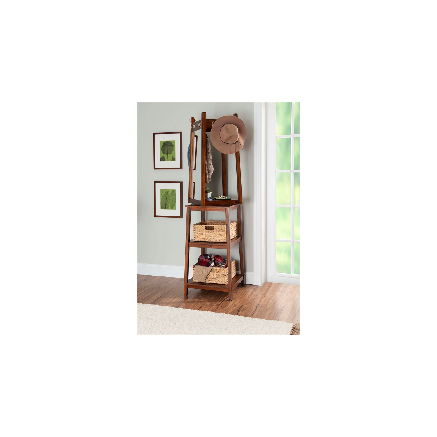 Linon Aila Wood Swivel Coat Rack with Mirror Hooks Shelves and Baskets in  White