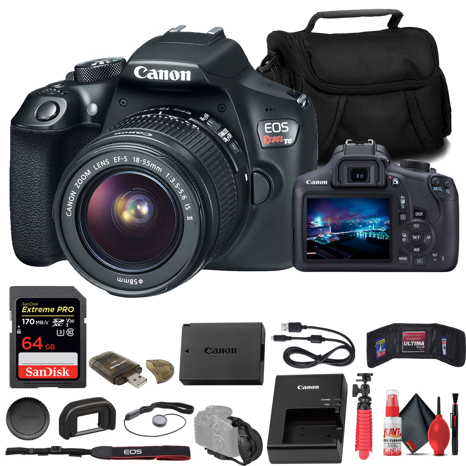 Canon EOS Rebel T6 DSLR Camera W/ 18-55mm Lens + 64GB Card + Cleaning Kit + More