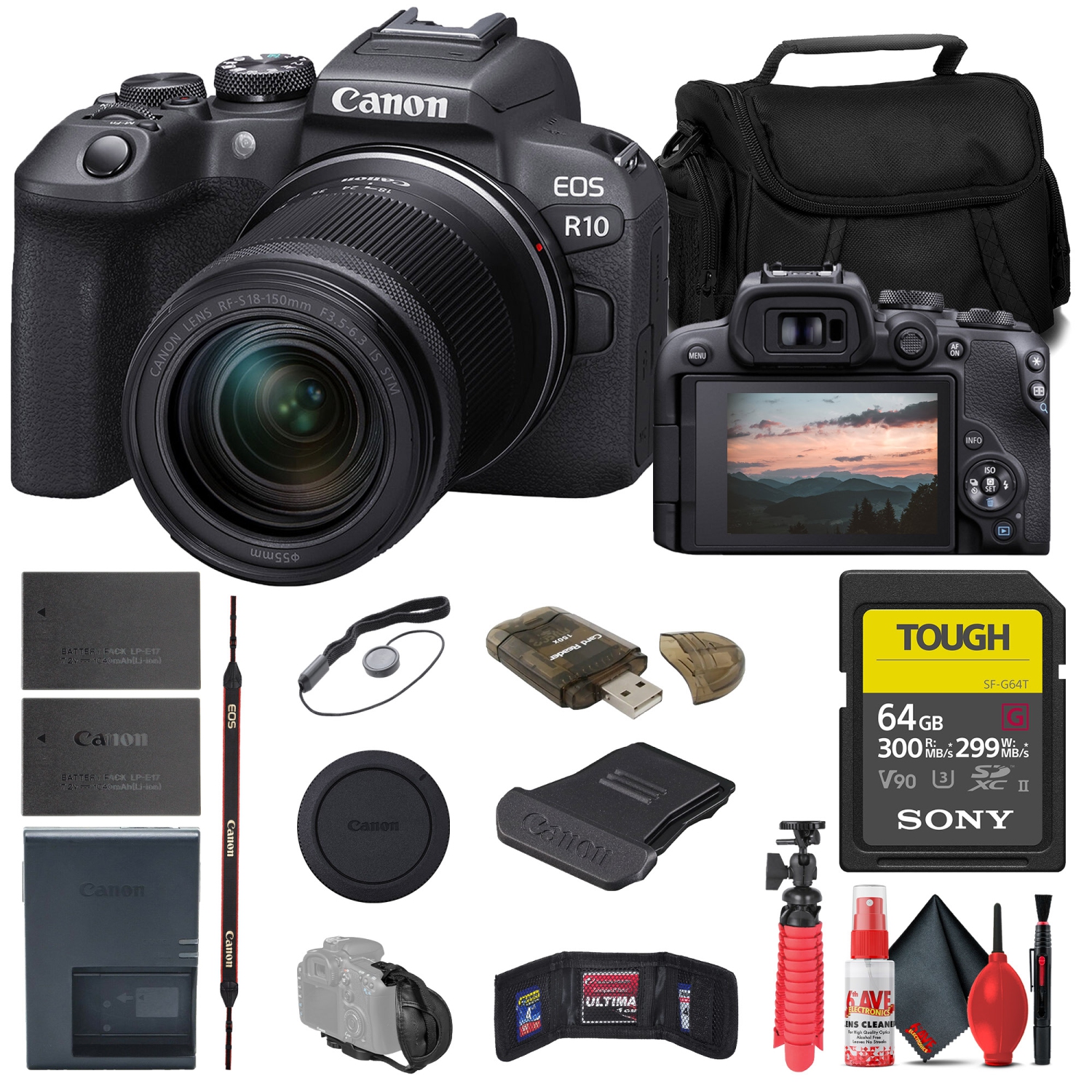 Appareil photo sans miroir EOS R10 de Canon avec objectif 18-150 mm + carte 18 Go + sac + plus