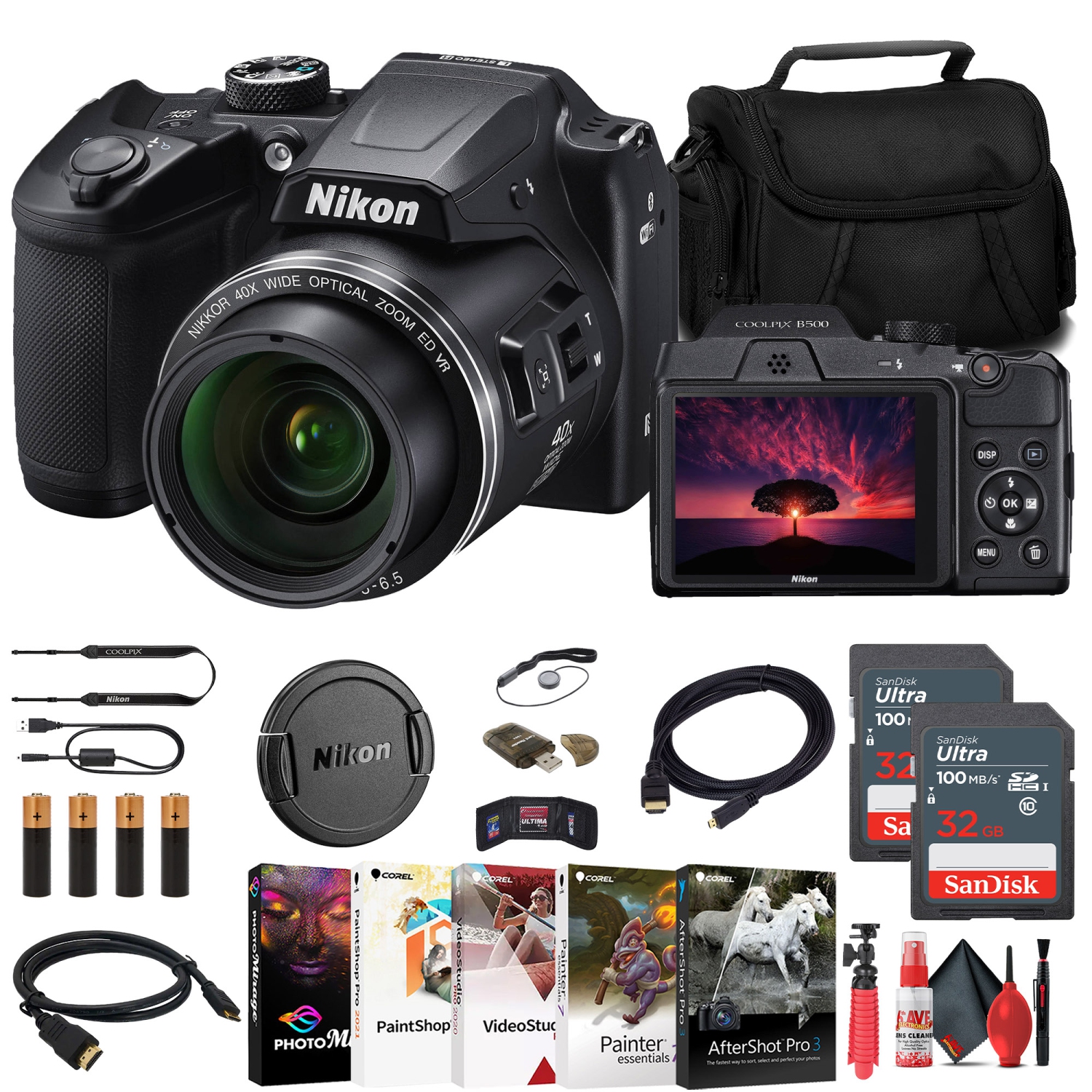 Nikon COOLPIX B500 Digital Camera + 2 x 32GB Card + Case + Card Reader Bundle
