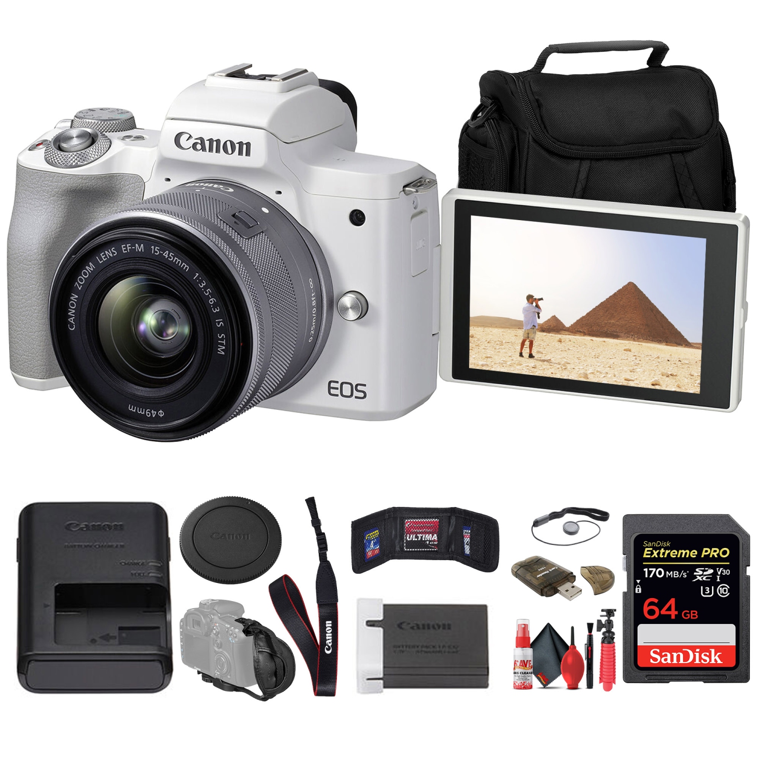 Canon EOS M50 Mark II Mirrorless Camera w 15-45mm Lens + 64GB Card Base Bundle