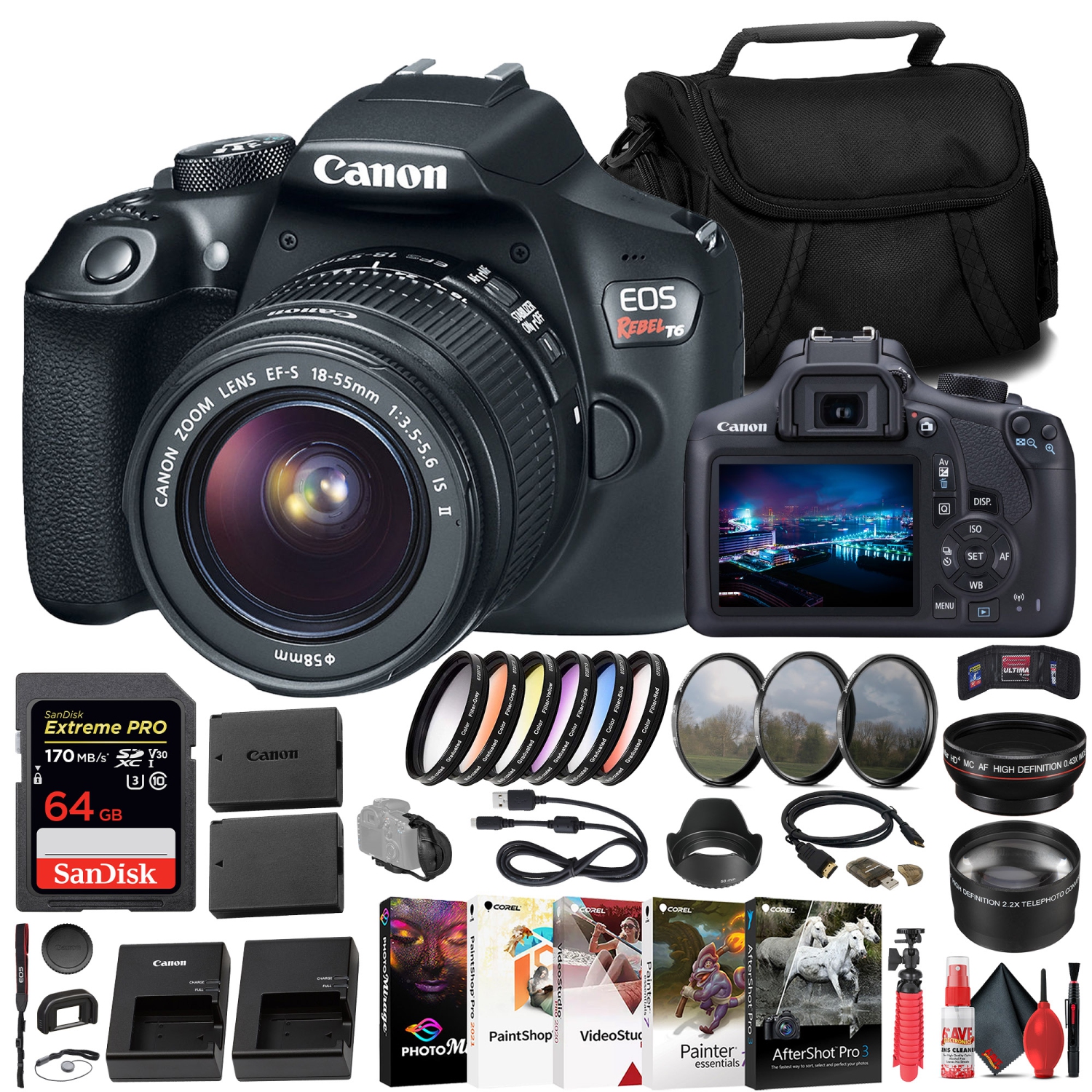 Canon EOS Rebel T6 DSLR Camera W/ 18-55mm Lens + 64GB Card + Filter Kit + More