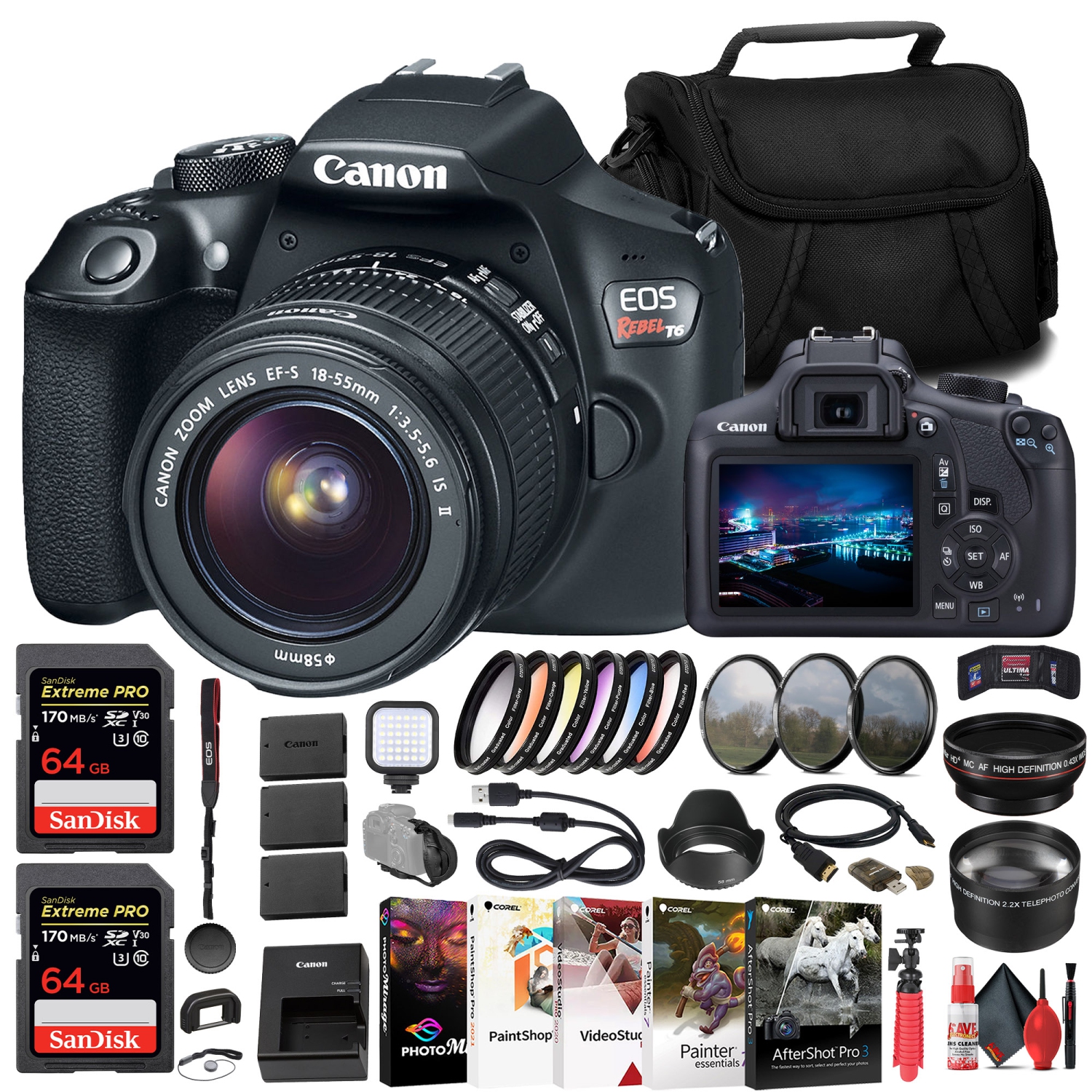 Canon EOS Rebel T6 DSLR Camera W/ 18-55mm Lens + 2 x 64GB Card + Filter + More