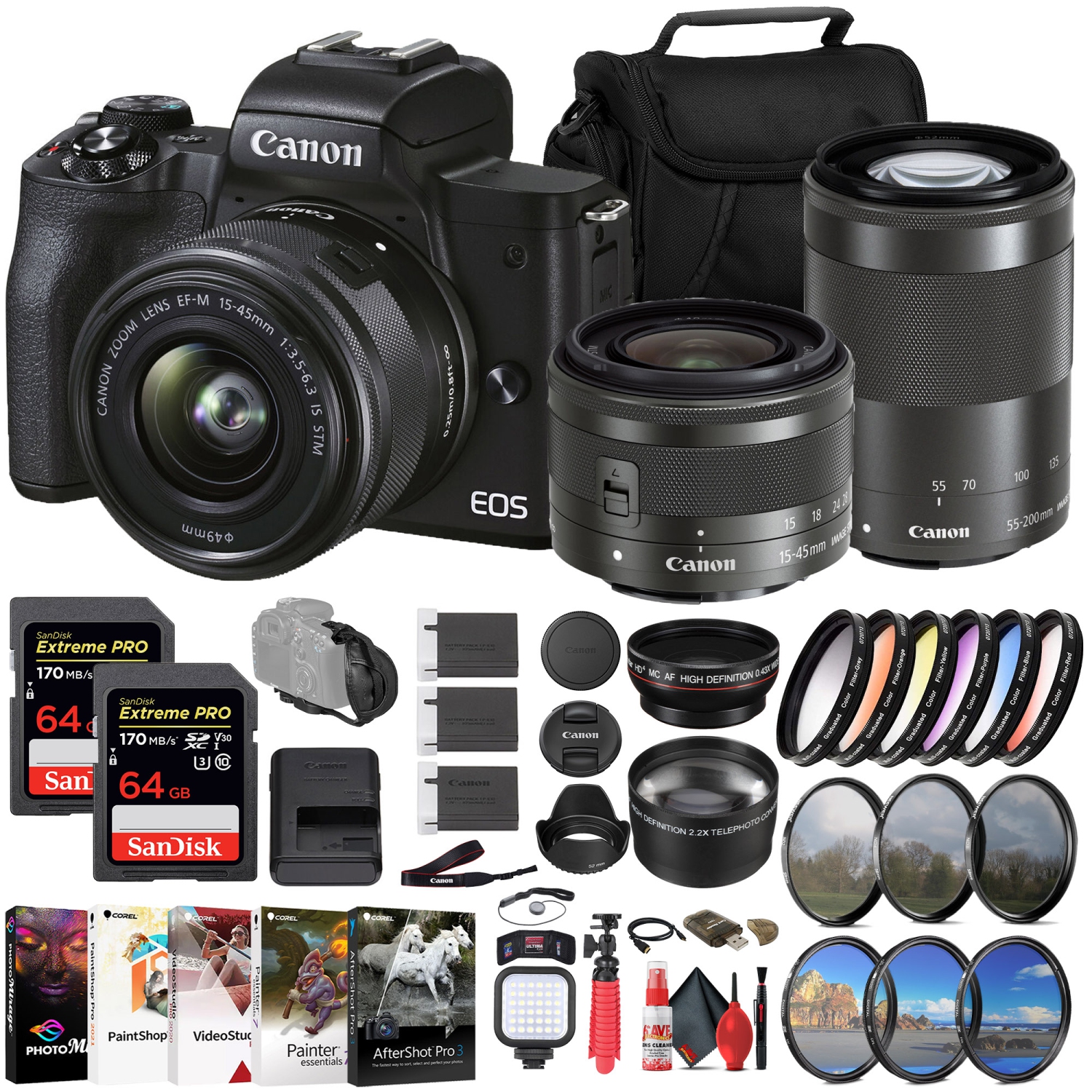Canon EOS M50 Mark II Mirrorless Camera W/ 15-45mm Lens + 64GB Card Outdoor Bundle