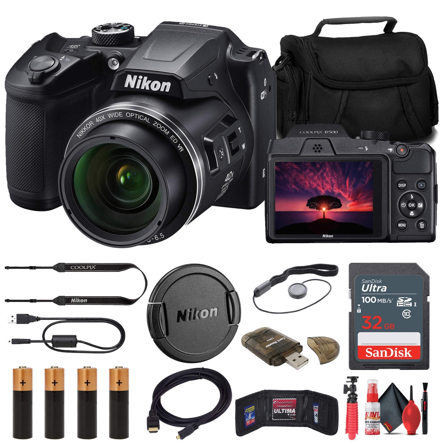 Nikon COOLPIX B500 Digital Camera + 32GB Card + Case + Card Reader + Tripod Bundle