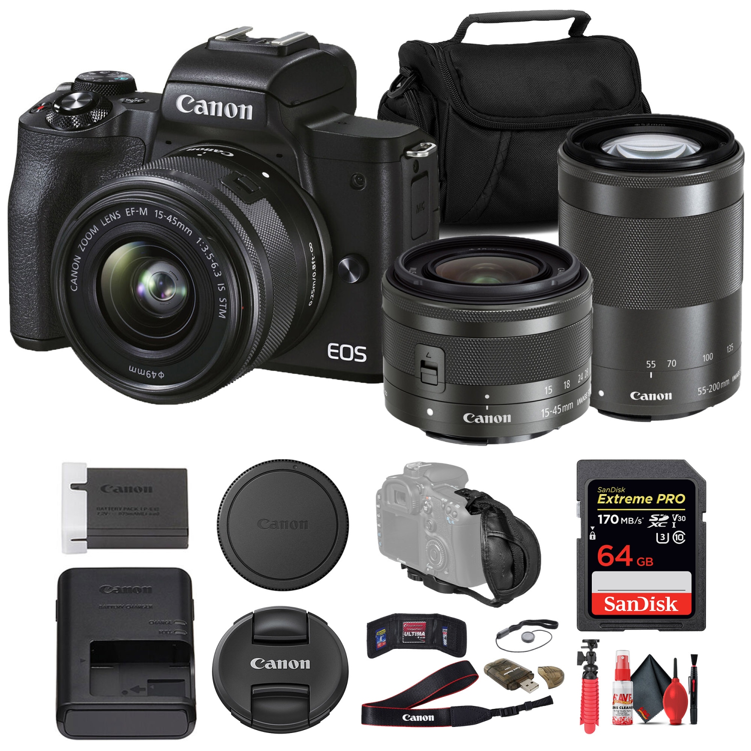 Canon EOS M50 Mark II Mirrorless Camera W/ 15-45mm Lens + 64GB Card Basic Bundle