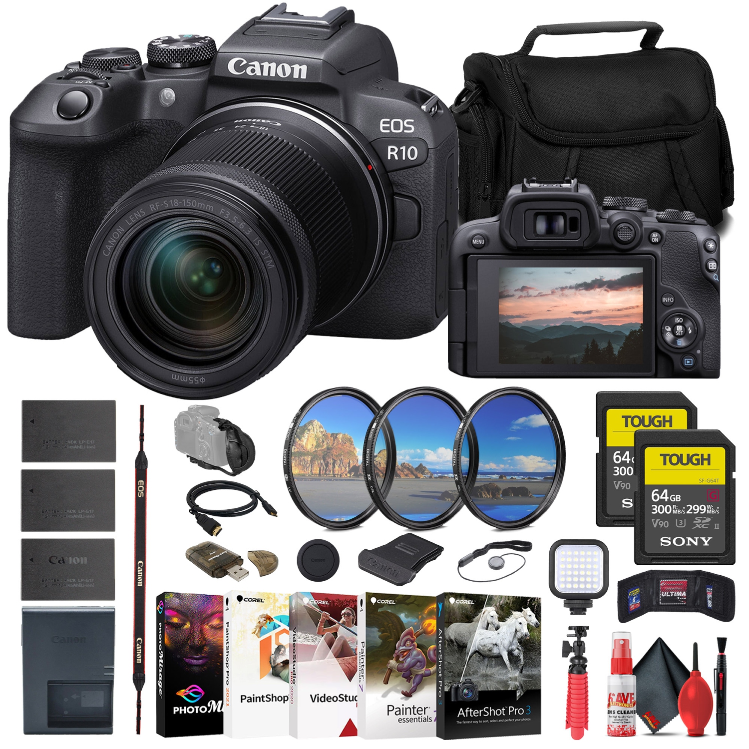 Appareil photo sans miroir EOS R10 de Canon avec objectif 18-150&nbsp;mm + 2 carte TOUGH de 64&nbsp;Go + plus