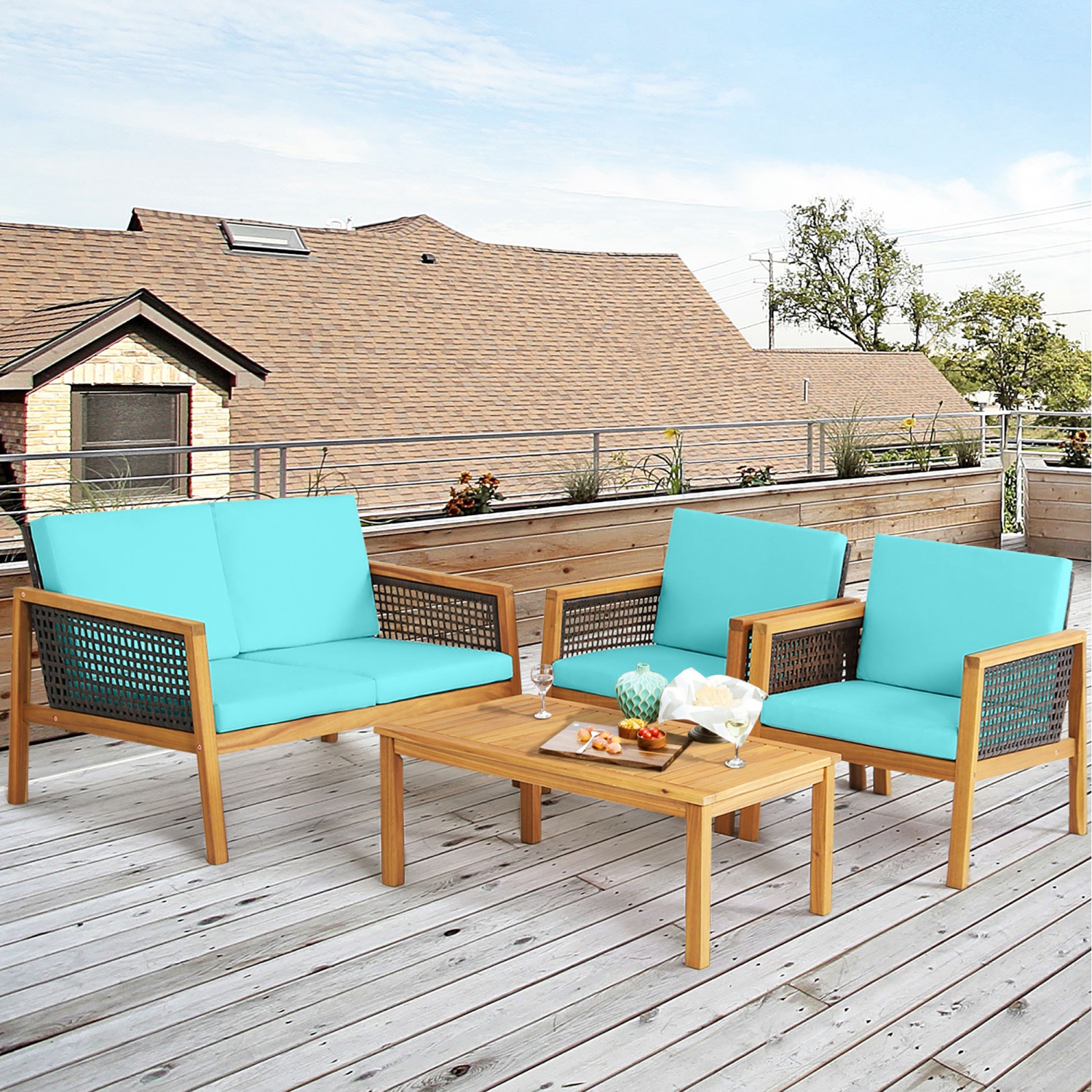 Gymax 4PCS Patio Acacia Wood Furniture Set PE Rattan Conversation Set w/ Turquoise Cushions