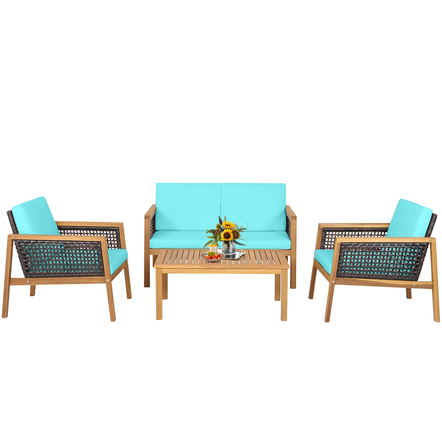Gymax 4PCS Patio Acacia Wood Furniture Set PE Rattan Conversation Set w/ Turquoise Cushions