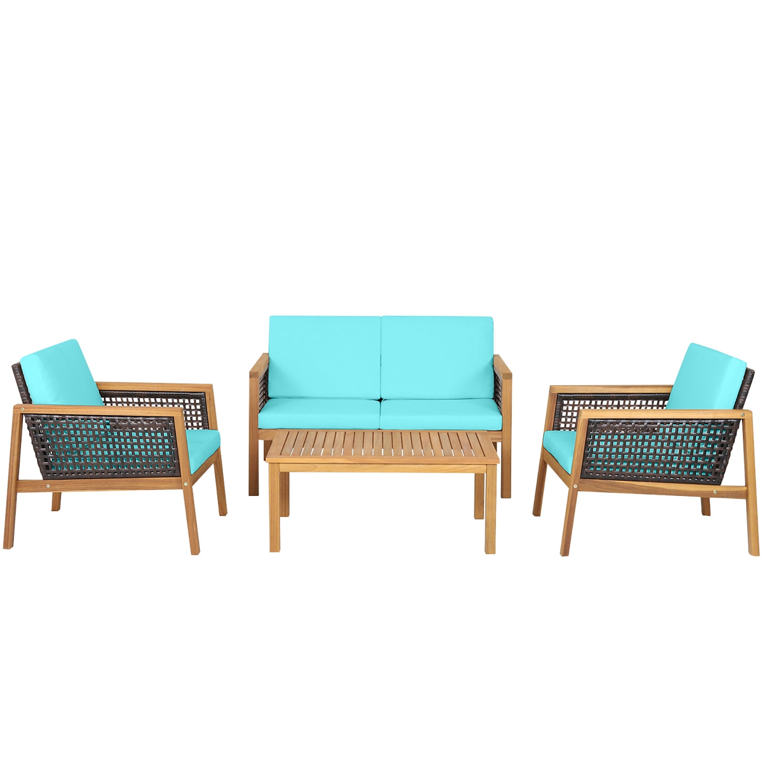 Gymax 4PCS Patio Acacia Wood Furniture Set PE Rattan Conversation Set w/ Turquoise Cushions