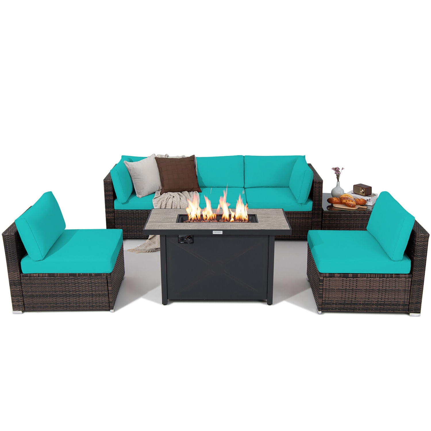 Gymax 7PCS Patio Rattan Furniture Set Fire Pit Table Cover Cushion