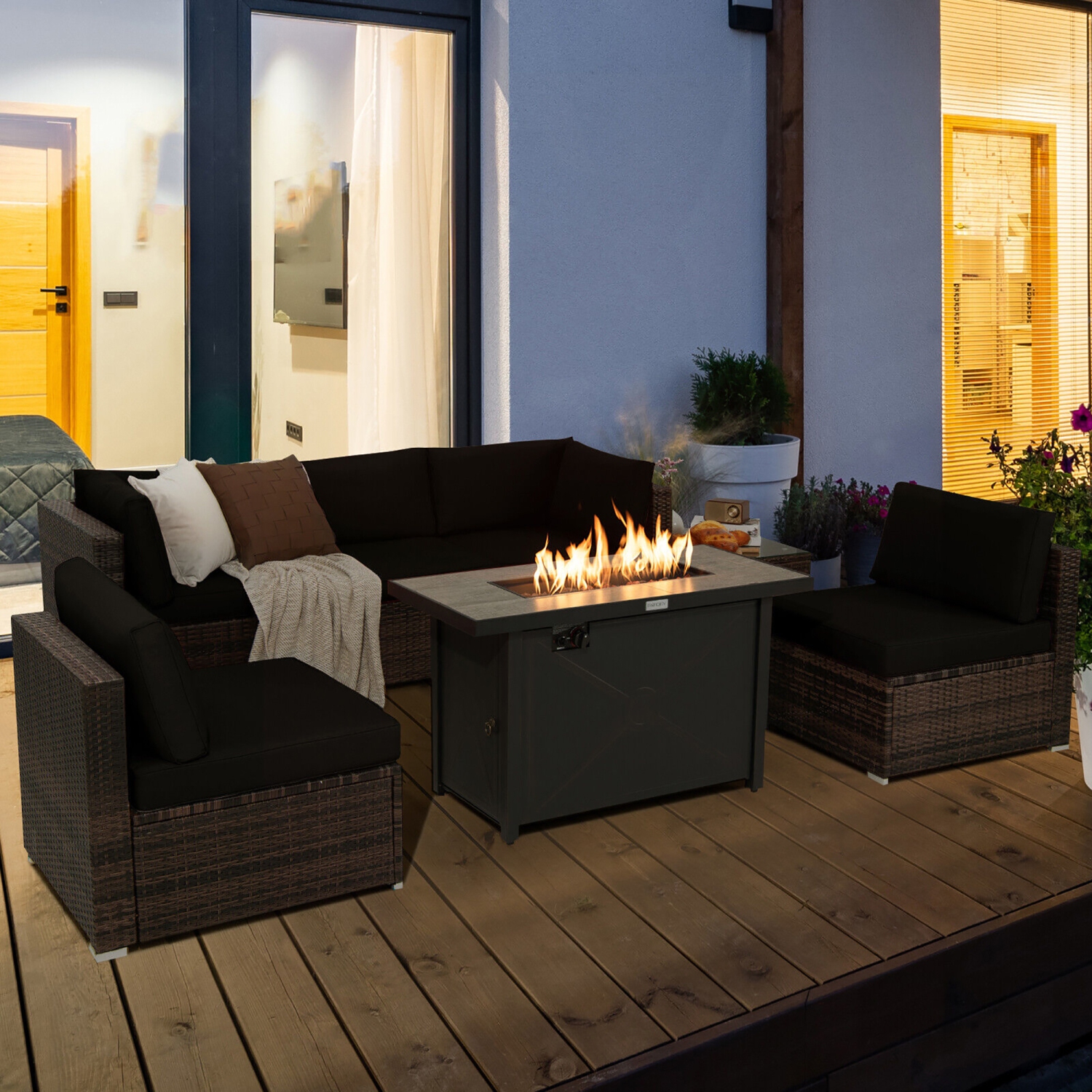 Gymax 7PCS Patio Rattan Furniture Set Fire Pit Table Cover Cushion