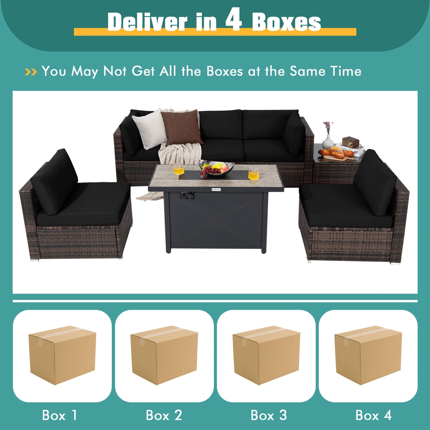 Gymax 7PCS Patio Rattan Furniture Set Fire Pit Table Cover Cushion